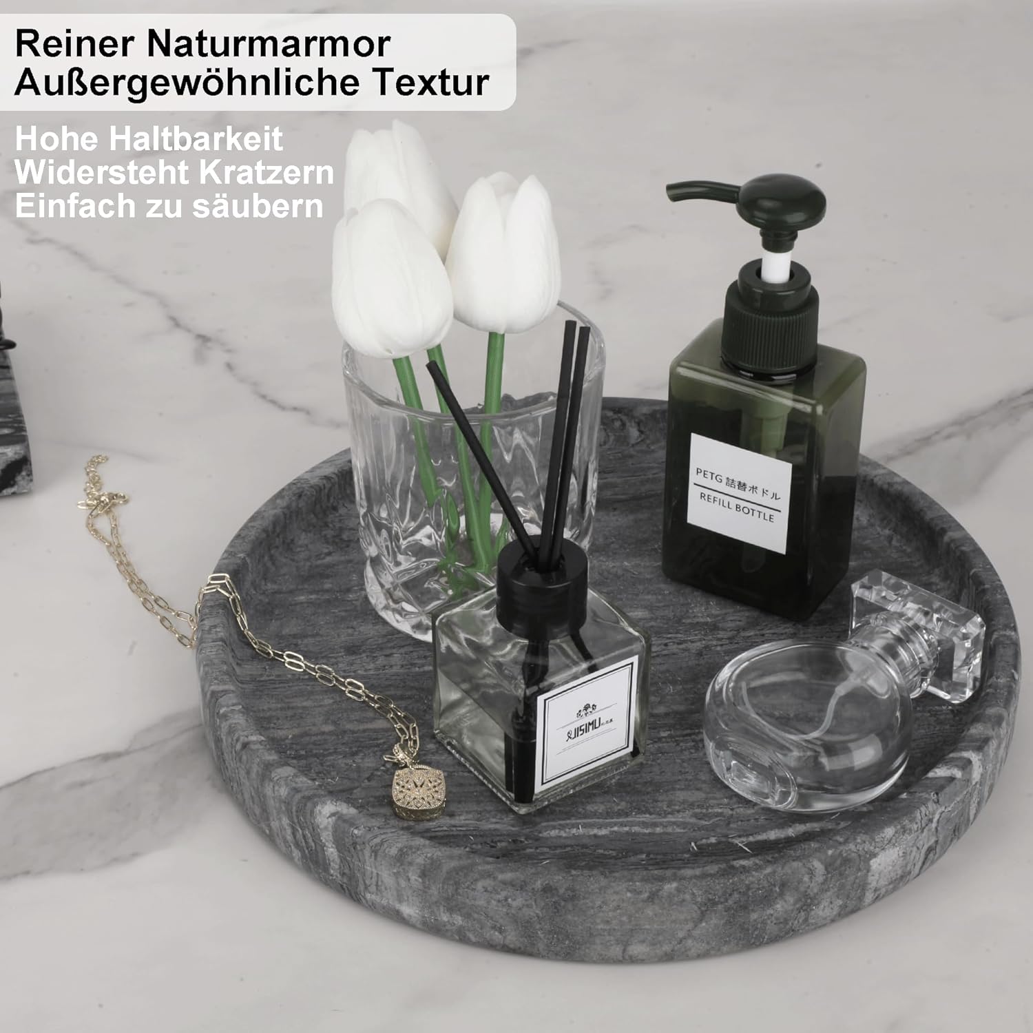 WORHE Bandeja de mármol natural para baño, tocador, mostrador o decoración del hogar, bandeja decorativa noble para velas, perfumes, joyas, plantas,