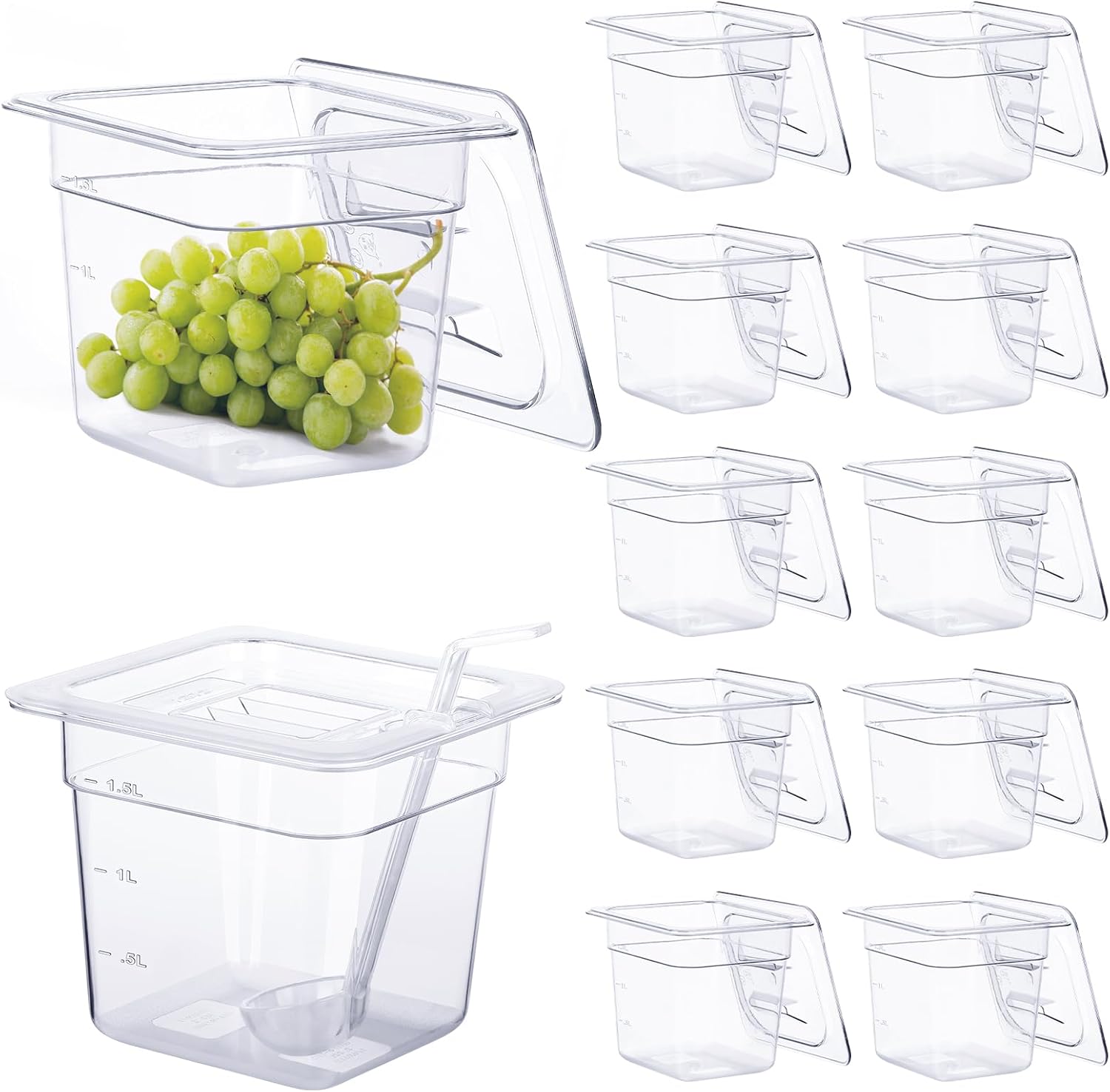 Paquete de 12 sartenes de plástico transparente para alimentos con tapas, 16 de tamaño de 6 pulgadas de profundidad, sartenes comerciales de