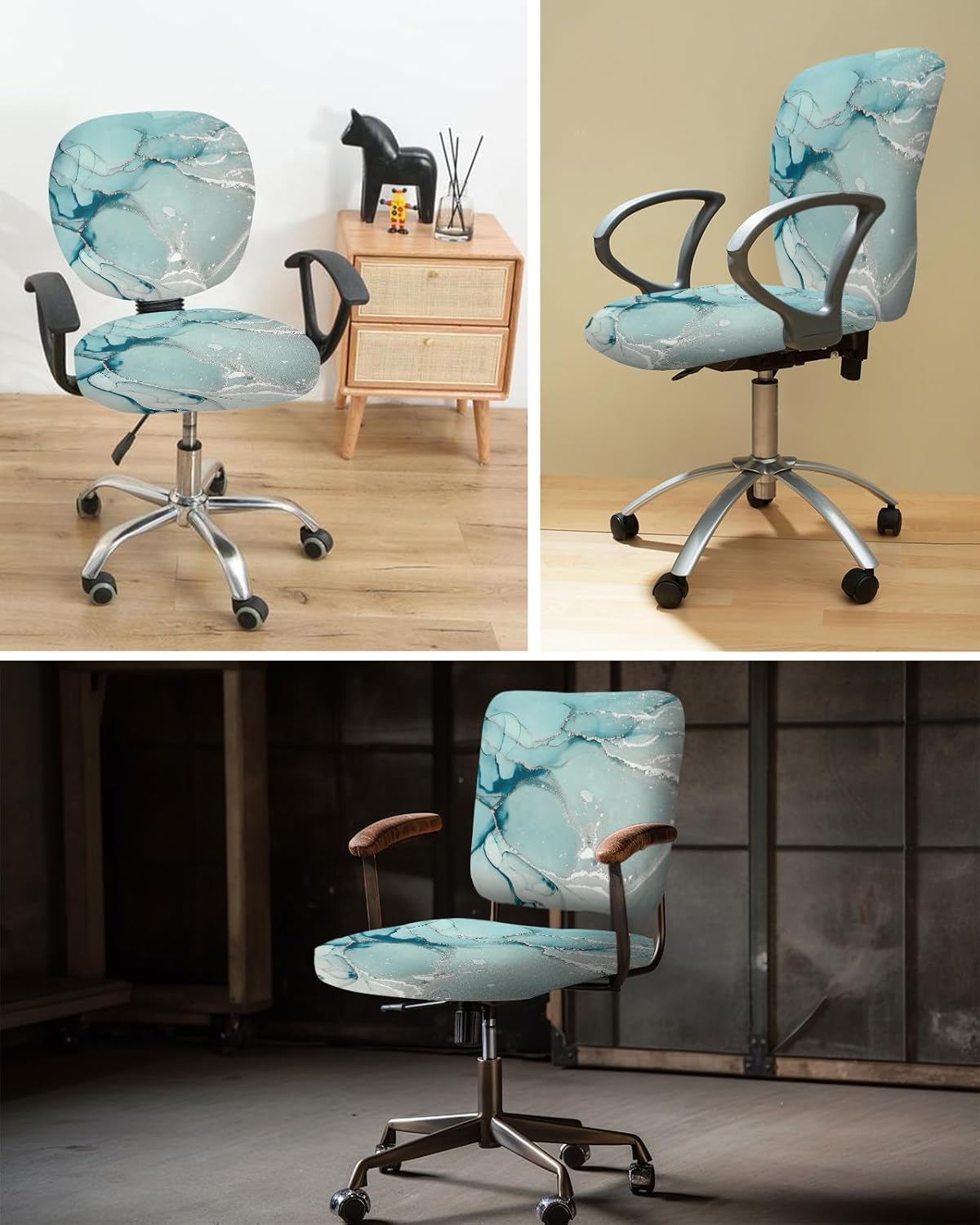 Funda para silla de oficina con diseño de mármol verde azulado, turquesa, azul aguamarina, textura de mármol, funda elástica giratoria para silla,