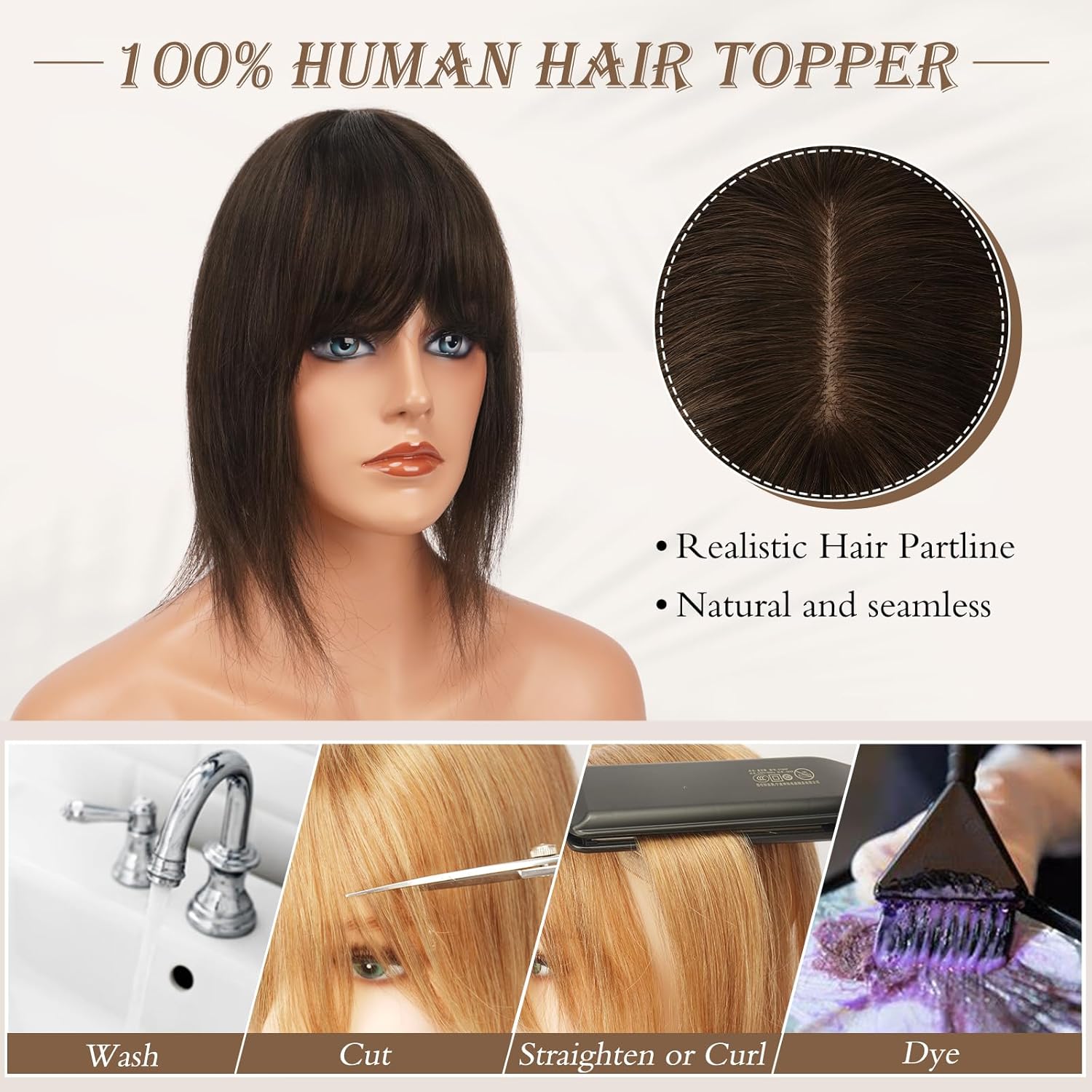 RUWISS Decoración de cabello humano con flequillo, corona, piezas de cabello para mujer, peluca corta para cabello fino, 3.0 x 5.1 in, base de seda,