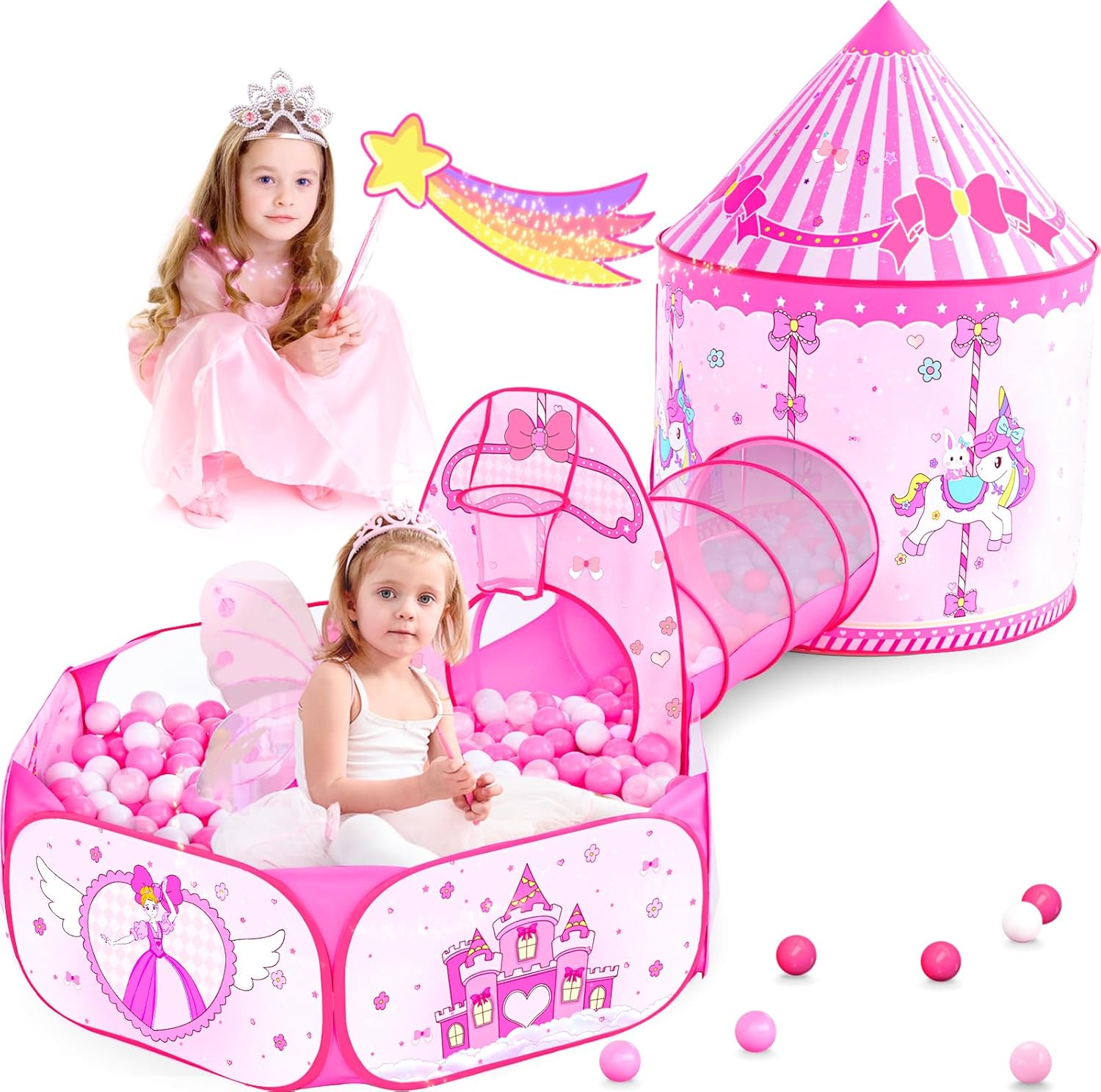 Tienda de campaña de princesa 3 en 1 para niños casa de juegos desplegable para niños pequeños con túnel de gateo, piscina de pelotas y tienda de