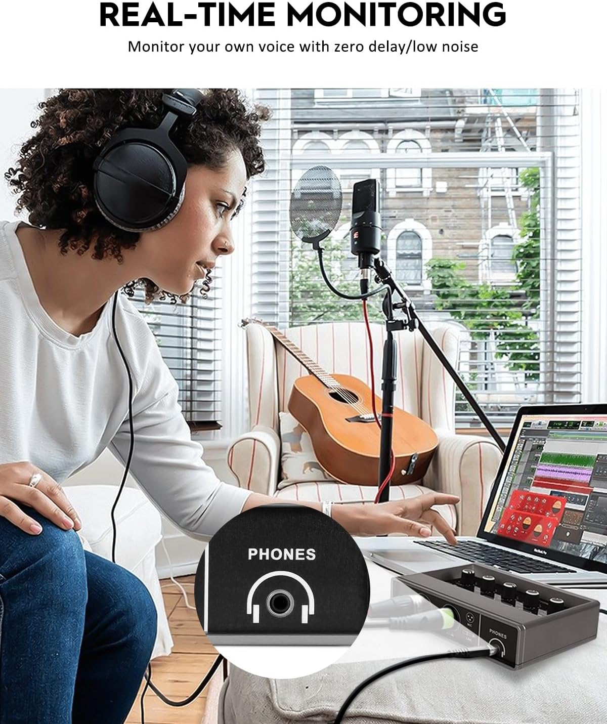STRICH Interfaz de audio de grabación profesional 2×2 para computadora, modelo táctil, USB 2.0 para transmisión en vivo, podcasting, interfaz de