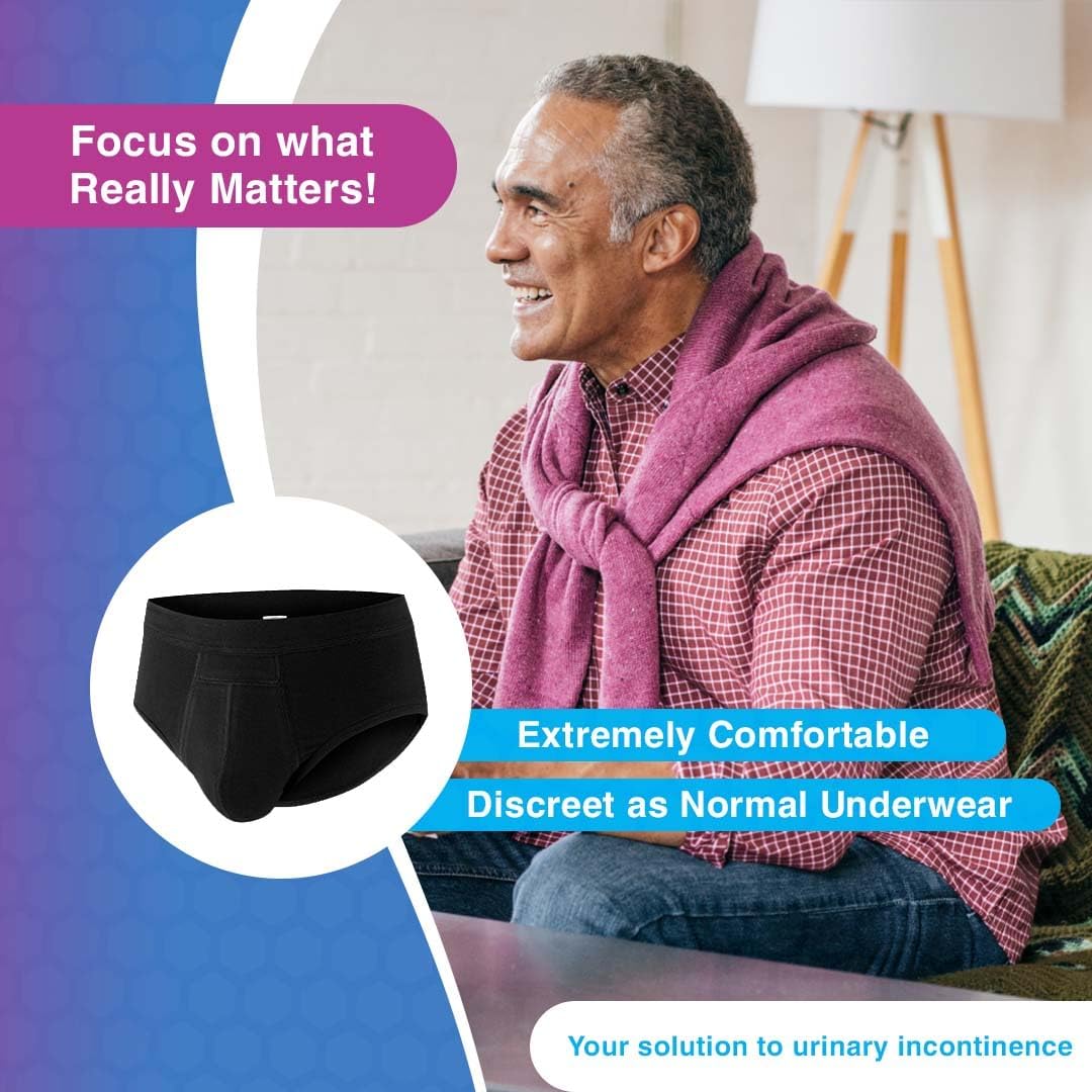 Ropa interior de algodón para incontinencia urinaria lavable y reutilizable para hombres, con zona frontal absorbente (XL, negro)