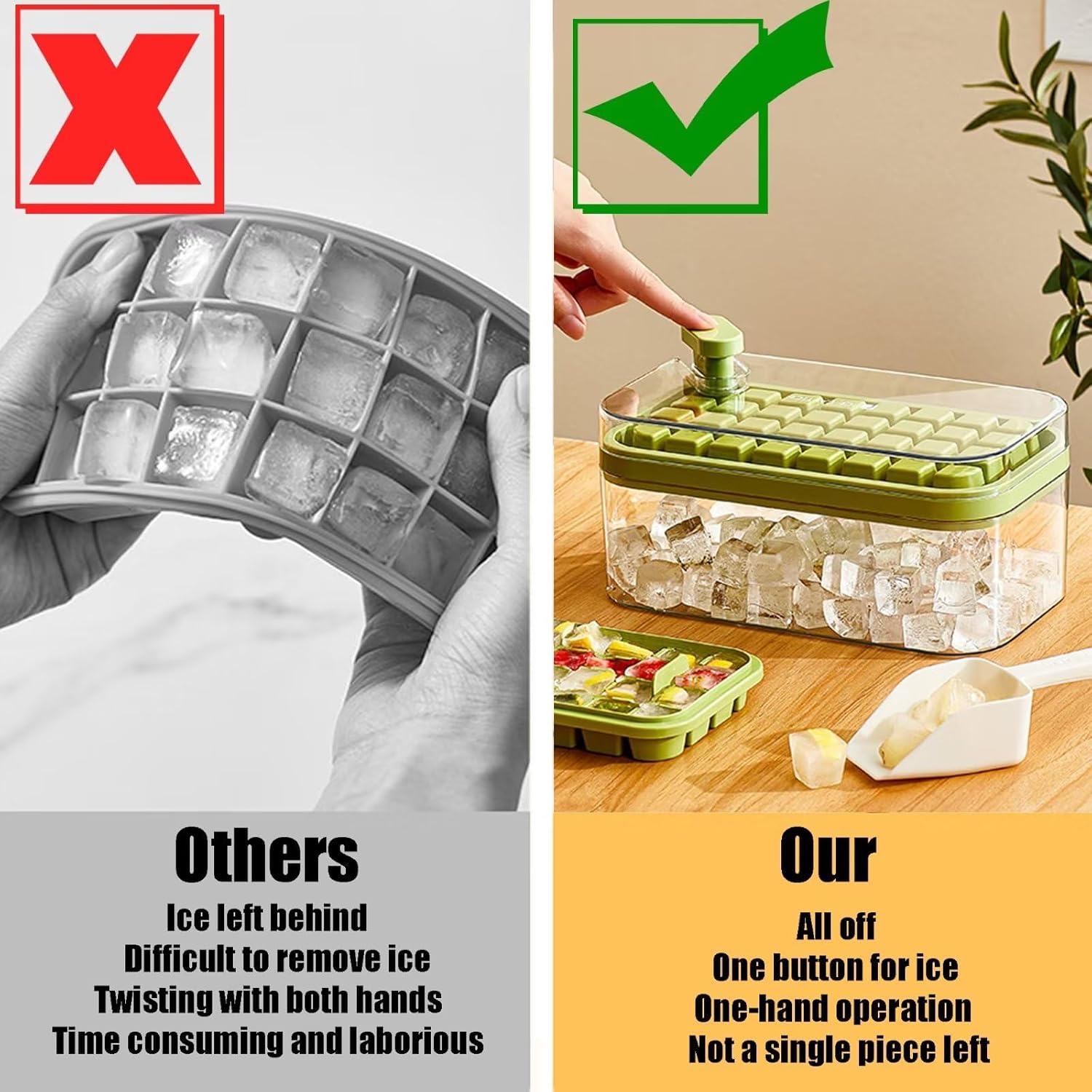 Bandeja para cubitos de hielo con tapa y contenedor para congelador, bandeja para cubitos de hielo de 64 cubos, apilable, de fácil liberación,
