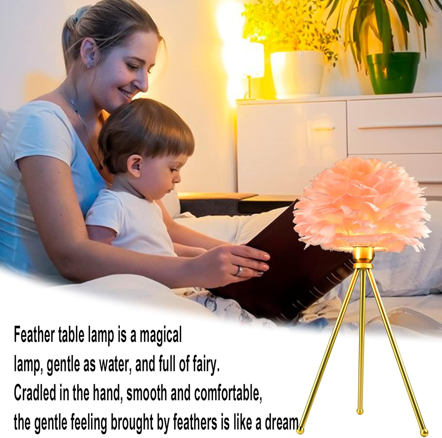 Paquete de 2 lámparas de mesa de plumas, trípode, luces de mesita de noche, lámpara de mesita de noche, elegante lámpara de plumas para dormitorio,