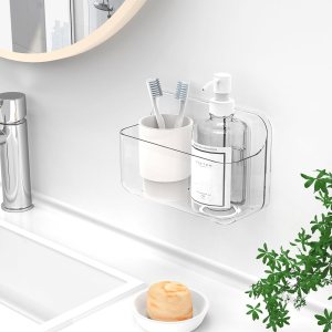 Organizador de ducha de acrílico transparente adhesivo para baño, transparente, sin perforaciones, montaje en pared, almacenamiento para ducha Organizador de ducha de acrílico transparente adhesivo para baño, transparente, sin perforaciones, montaje en pared, almacenamiento para ducha