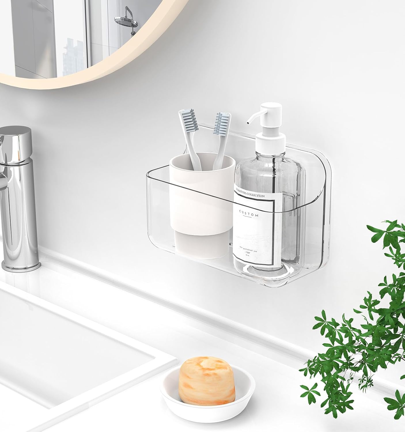 Organizador de ducha de acrílico transparente adhesivo para baño, transparente, sin perforaciones, montaje en pared, almacenamiento para ducha