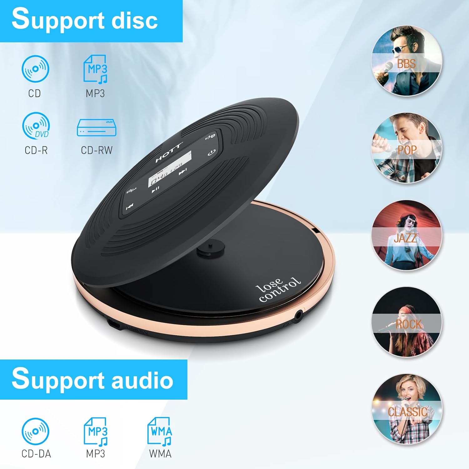 Reproductor de CD portátil con Bluetooth Walkman reproductor de CD Bluetooth con transmisor FM botón táctil y pantalla LCD, reproductor de disco