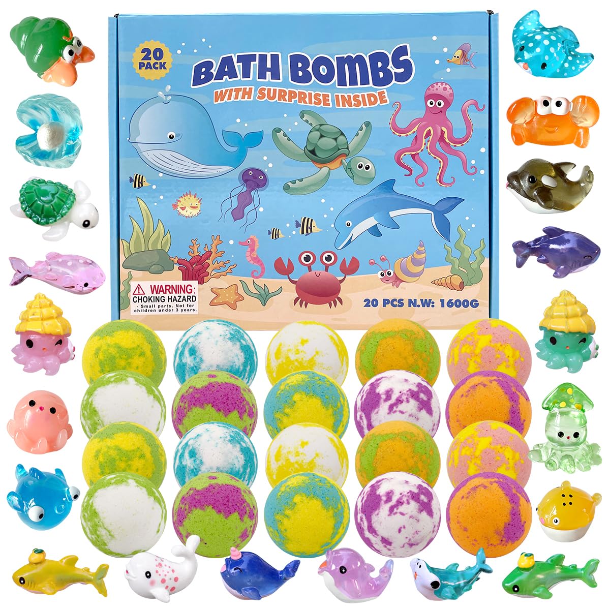 Bath Bombs for Kids with Surprise Inside, 20 Pack Kids Bath Bombs with Bath Toys, Natural Bath Bombs with Sea Animals Inside, 2023 Christmas Advent