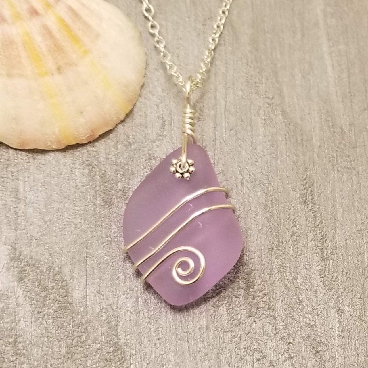 Yinahawaii Handmade Sea Glass Necklace, Hawaiian Jewelry for Women, Wire “Magical Color Changing” Purple Necklace, Sea Glass Jewelry For Women,