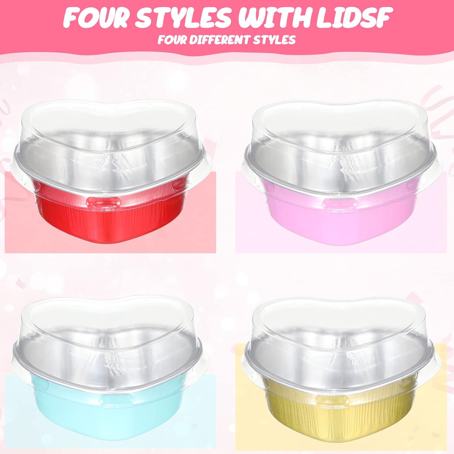 Paquete de 100 moldes para pasteles en forma de corazón con tapas, 3.4 onzas líquidas, papel de aluminio, para magdalenas, coloridos y desechables,