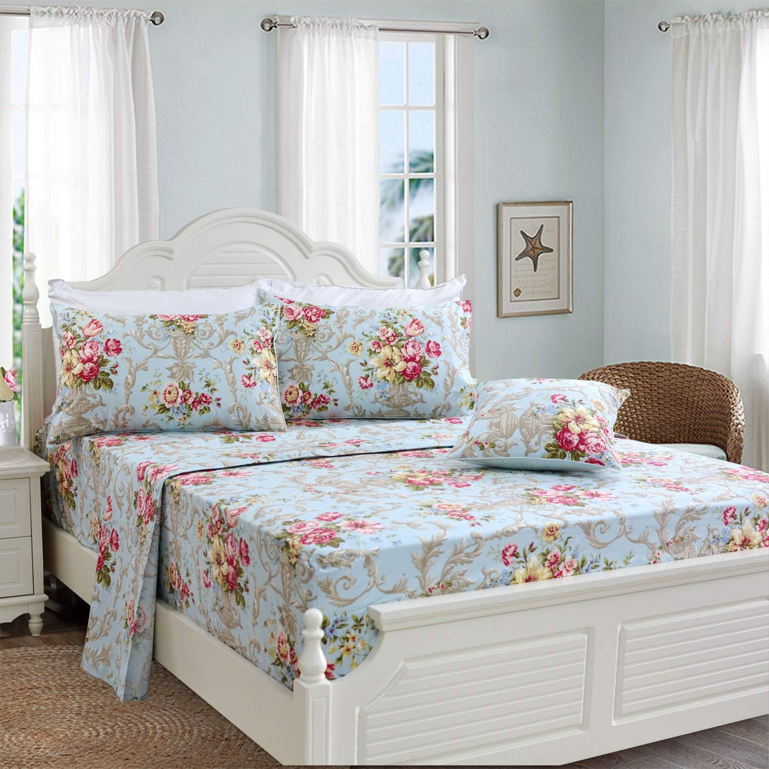 FADFAY – Textiles para el hogar, sabana floral, estilo rústico, sábanas estilo floral hermoso, para cama matrimonial, individual y queen, juego de 4