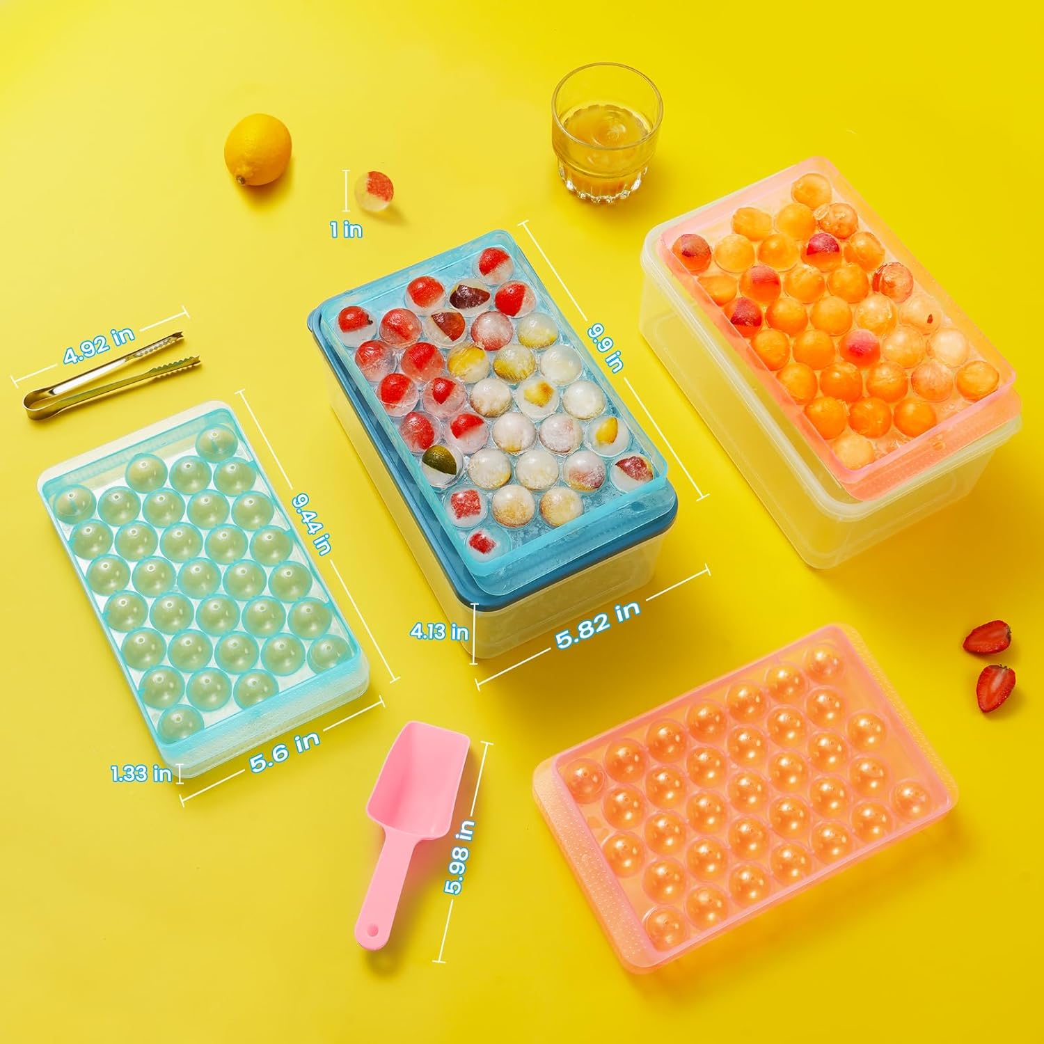 PHINOX – Bandeja redonda para cubitos de hielo con tapa y contenedor, bandejas de hielo redondas para congelador, bandejas de hielo para hacer