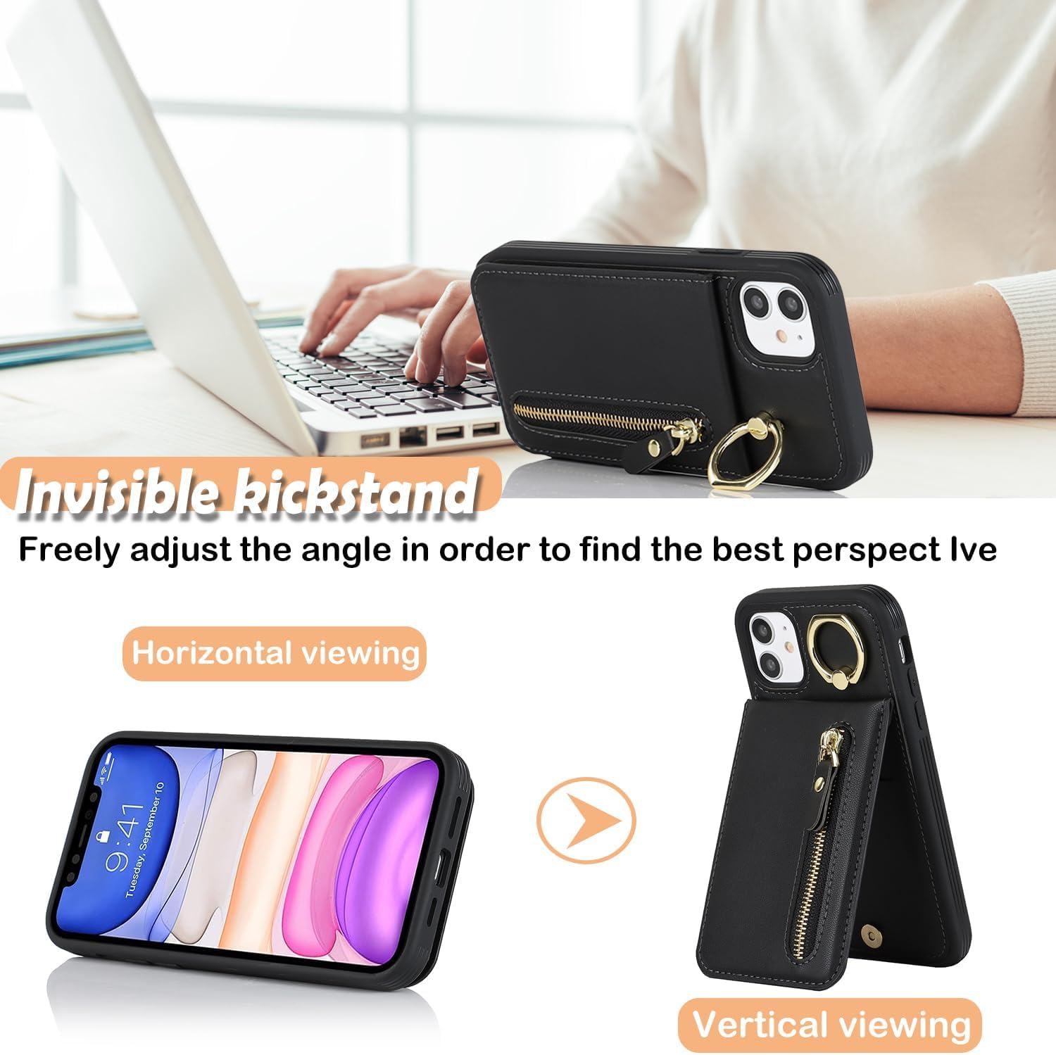 Funda para iPhone 11 con tarjetero para mujer, iPhone 11 con tarjeta de crédito con anillo de soporte, cremallera, a prueba de golpes, delgada, para