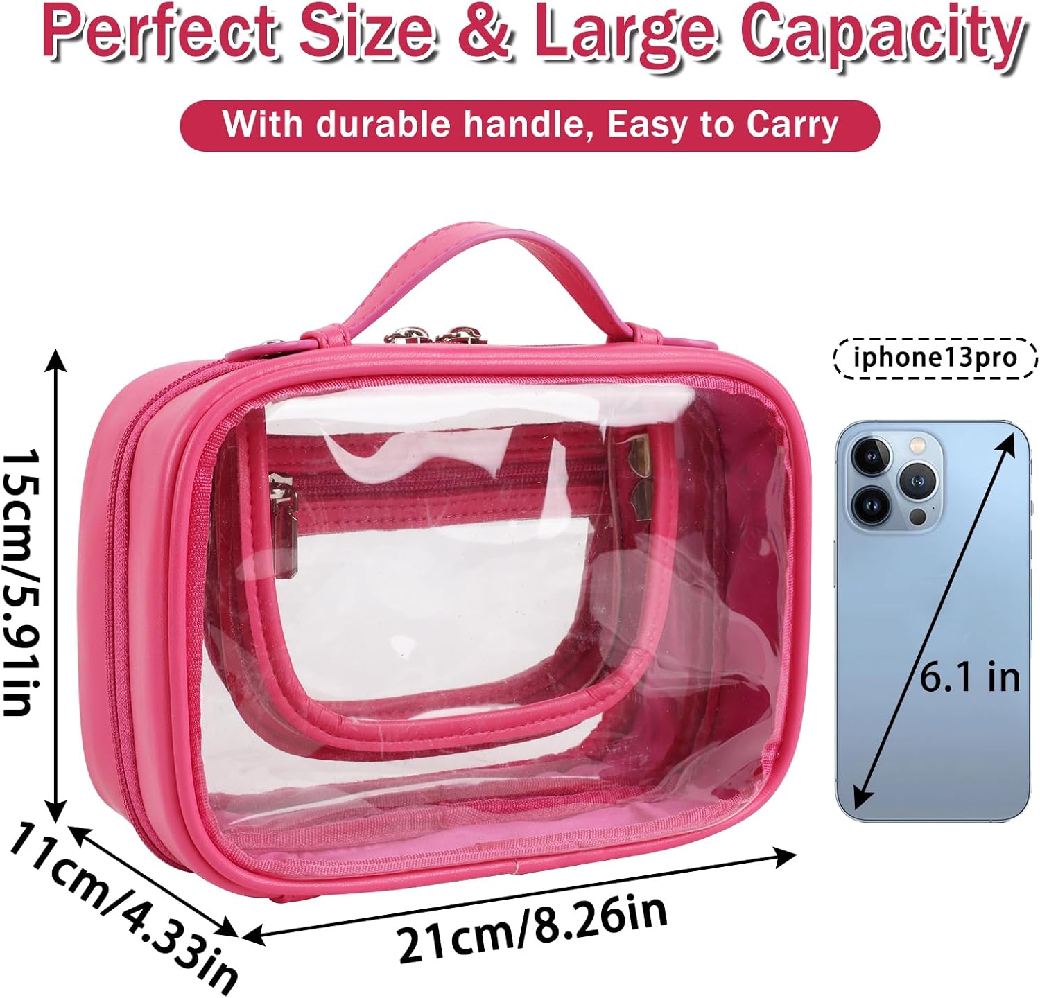 Iqimott Neceser de viaje Bolsa de maquillaje transparente, bolsa de cosméticos con cremallera aprobada por la TSA, Rosa rojo, Moda