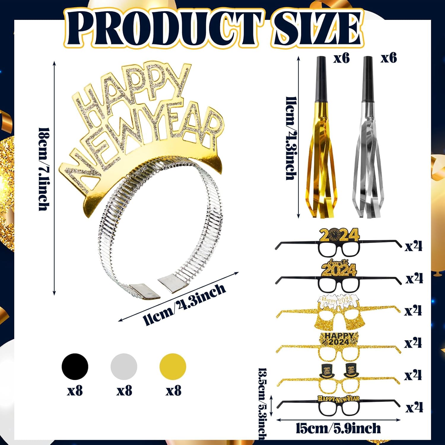 Gemscream 144 piezas 2024 suministros para fiesta de Año Nuevo, incluye 48 diademas de Año Nuevo, 48 gafas de Año Nuevo, 48 vasos largos y cortos