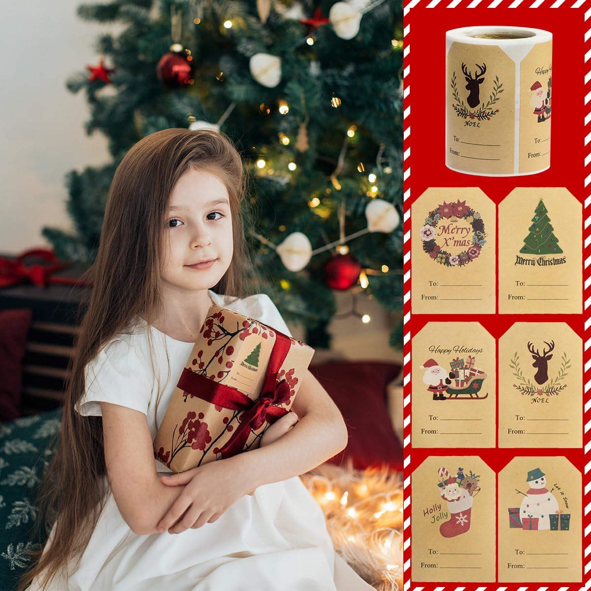 Etiquetas de regalo de Navidad para envolver desde calcomanías, 200 etiquetas de regalo autoadhesivas de papel kraft para regalos de Papá Noel,