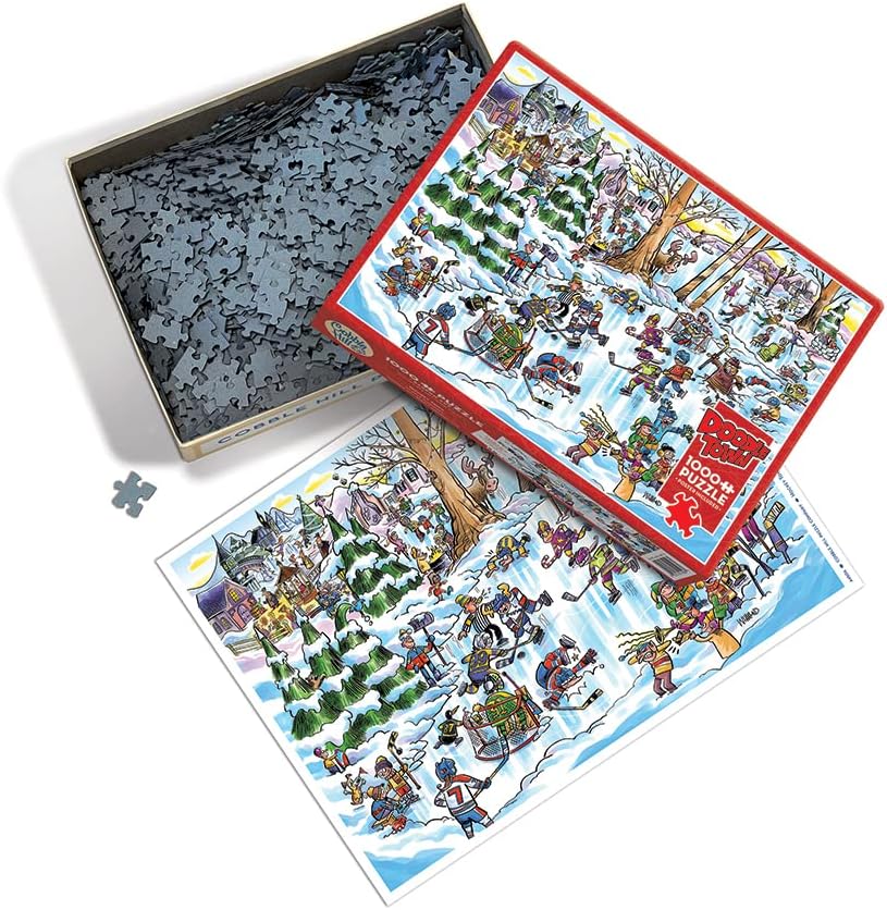 Cobble Hill – Rompecabezas de 1000 piezas, DoodleTown Hockey Town, póster de muestra incluido