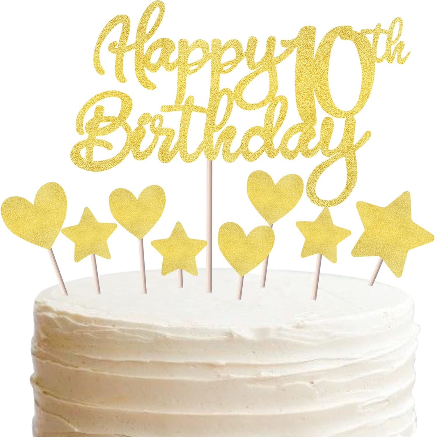 Paquete de 9 decoraciones para tartas de cumpleaños número 10 con purpurina de corazón y estrella para cupcakes, saludos a los 10 años de edad,