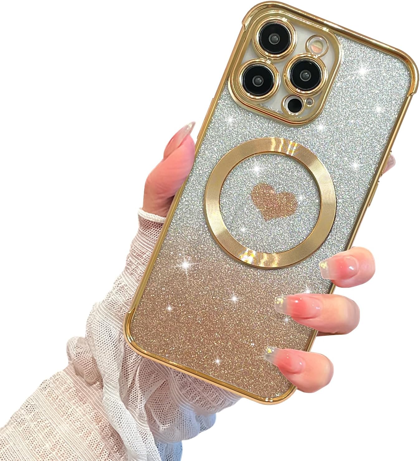 AIGOMARA Funda magnética transparente con purpurina para iPhone 15 Pro, compatible con Magsafe, cubierta de TPU suave chapado de lujo con corazones