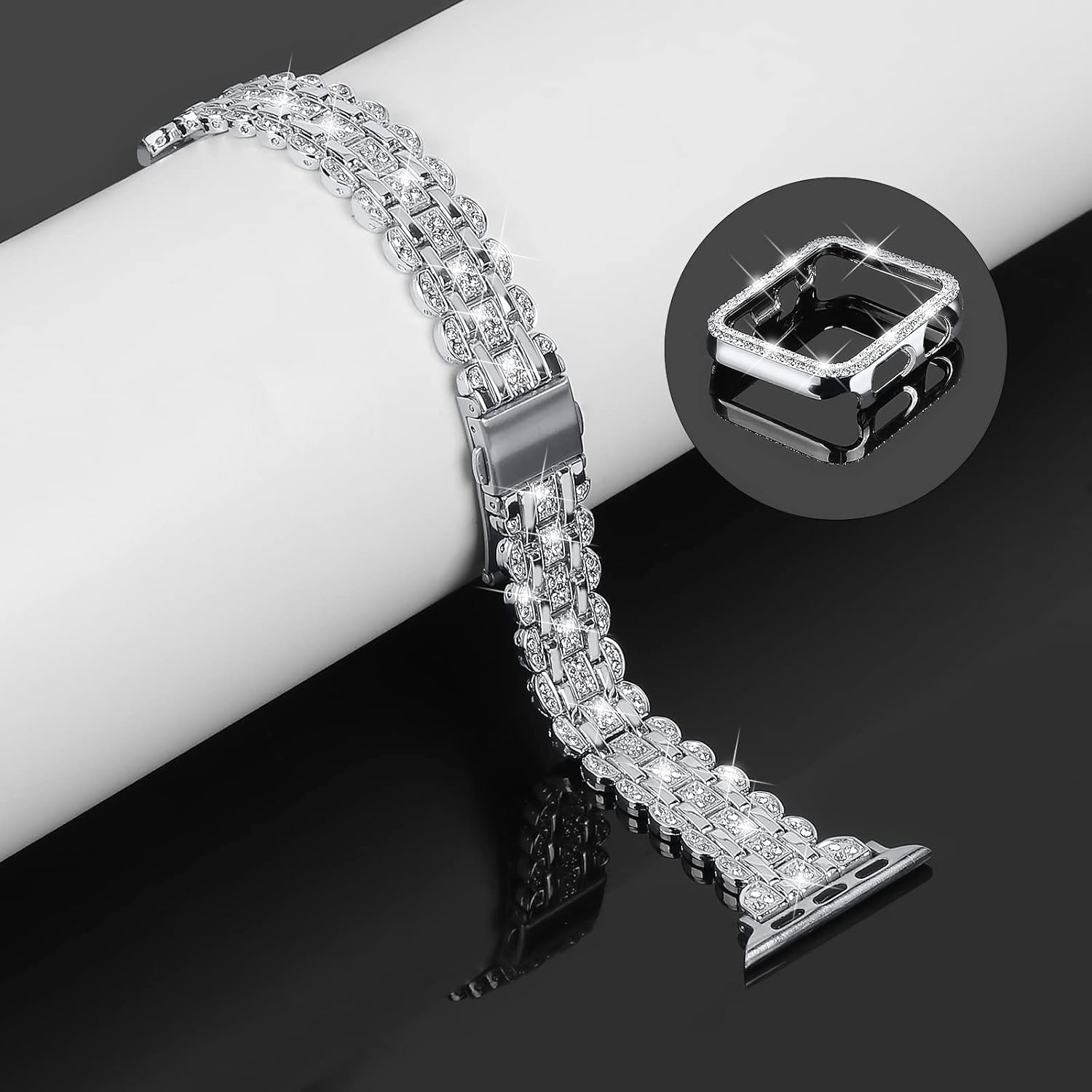 Correas brillantes y funda compatible con Apple Watch de 1.49, 1.57, 1.61, 1.65, 1.73, 1.77 y 1.73 pulgadas, pulsera delgada de metal con cubierta