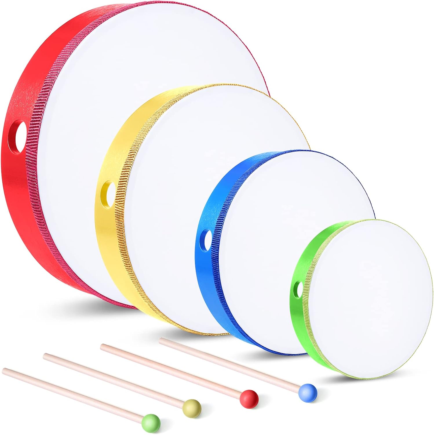 Juego de 4 tambores de mano para niños y adultos, con marco de madera, con barra de tambor, de 12 pulgadas, 10 pulgadas, 8 pulgadas, 6 pulgadas,