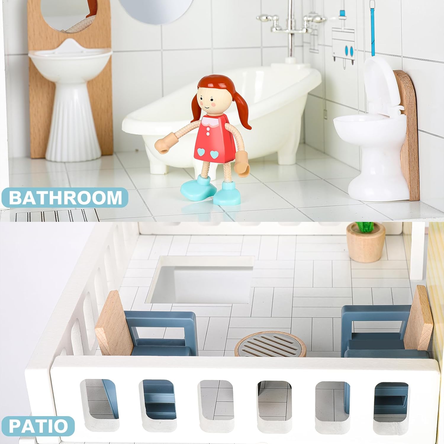 Juego de muebles de casa de muñecas de madera, 43 muebles y accesorios para casa de muñecas con 5 muñecas familiares, muebles de casa de muñecas en