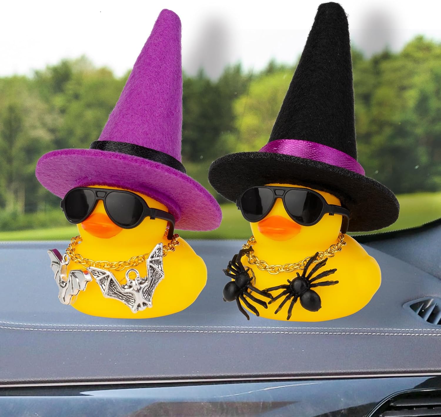 MuMyer Patos de Halloween para automóvil, paquete de 2 adornos de goma para automóvil, pato amarillo, decoración de tablero de automóvil con