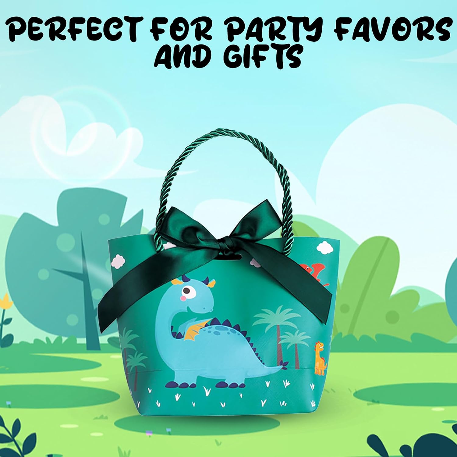 Paquete de 6 bolsas de regalo de dinosaurio con asas y lazo, bolsas de papel de dinosaurio verde para fiestas, suministros de fiesta para