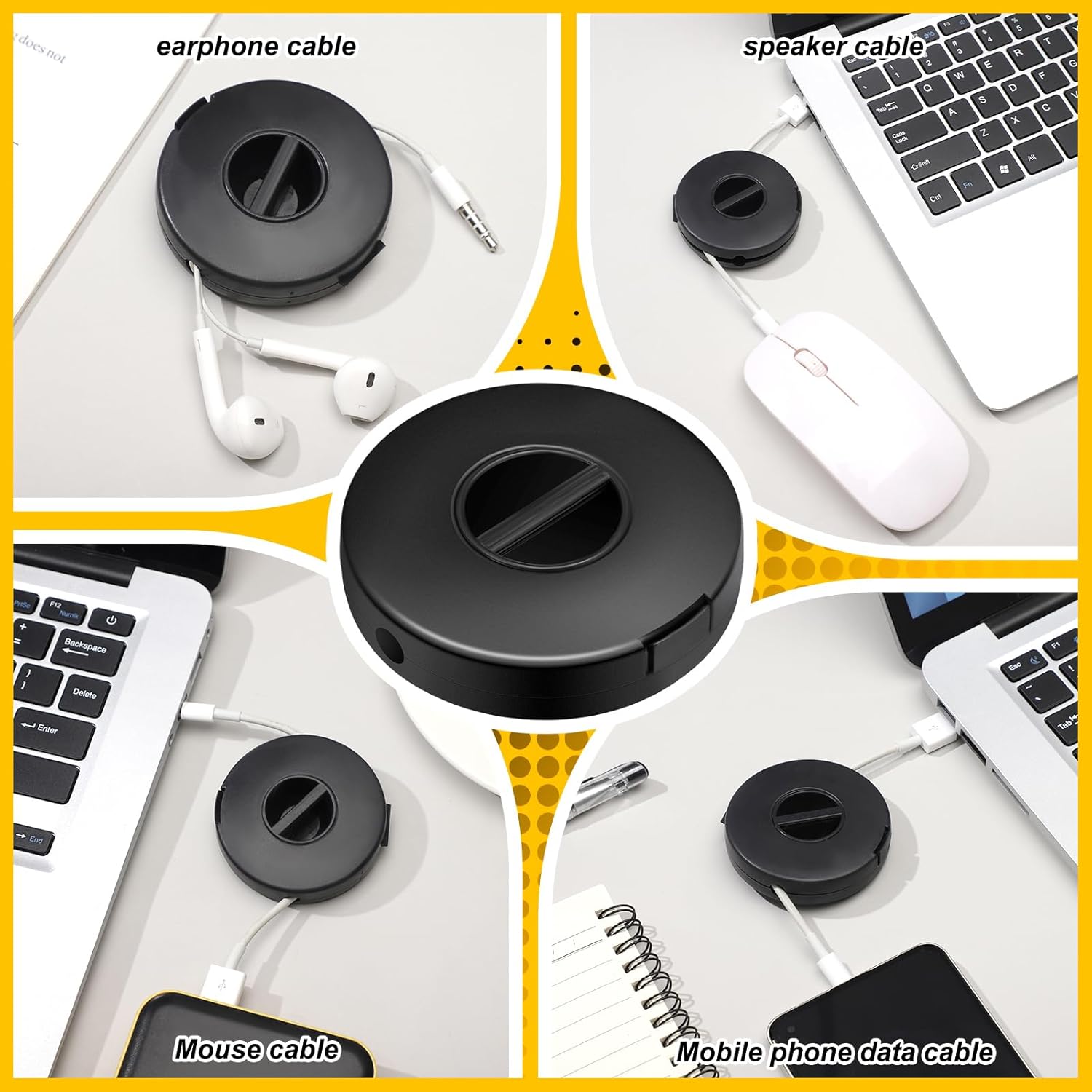 Organizador de cables de carga portátil negro, 9 piezas, soporte de cable de almacenamiento redondo, enrollador de cables retráctil, carrete de