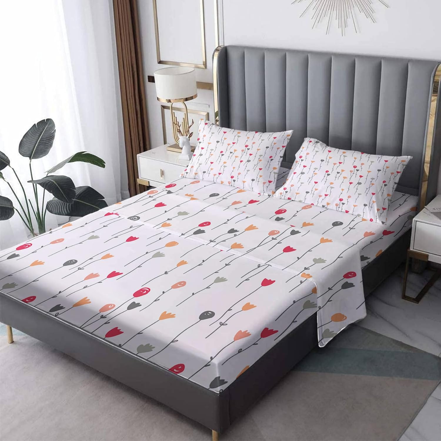 Line Sheets – Juego de sábanas de cama de flores, sábanas y fundas de almohada estampadas de 4 piezas, sábana bajera ajustable de microfibra suave
