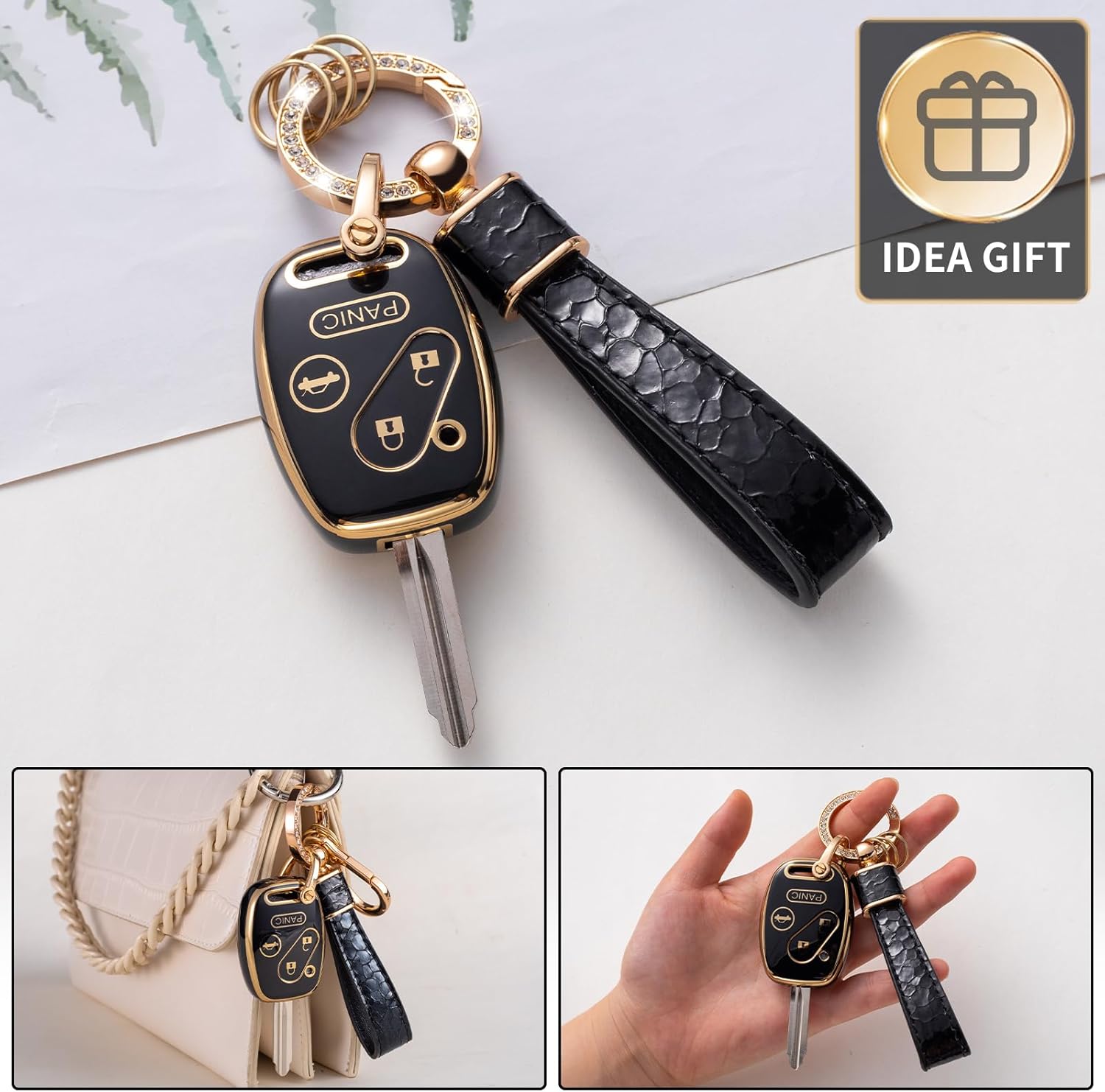 Funda protectora para llavero Honda, compatible con Accord 2003-2012CivicCR-V Pilot Fit Odyssey Ridgeline Smart Key Holder con cordón de cuero,
