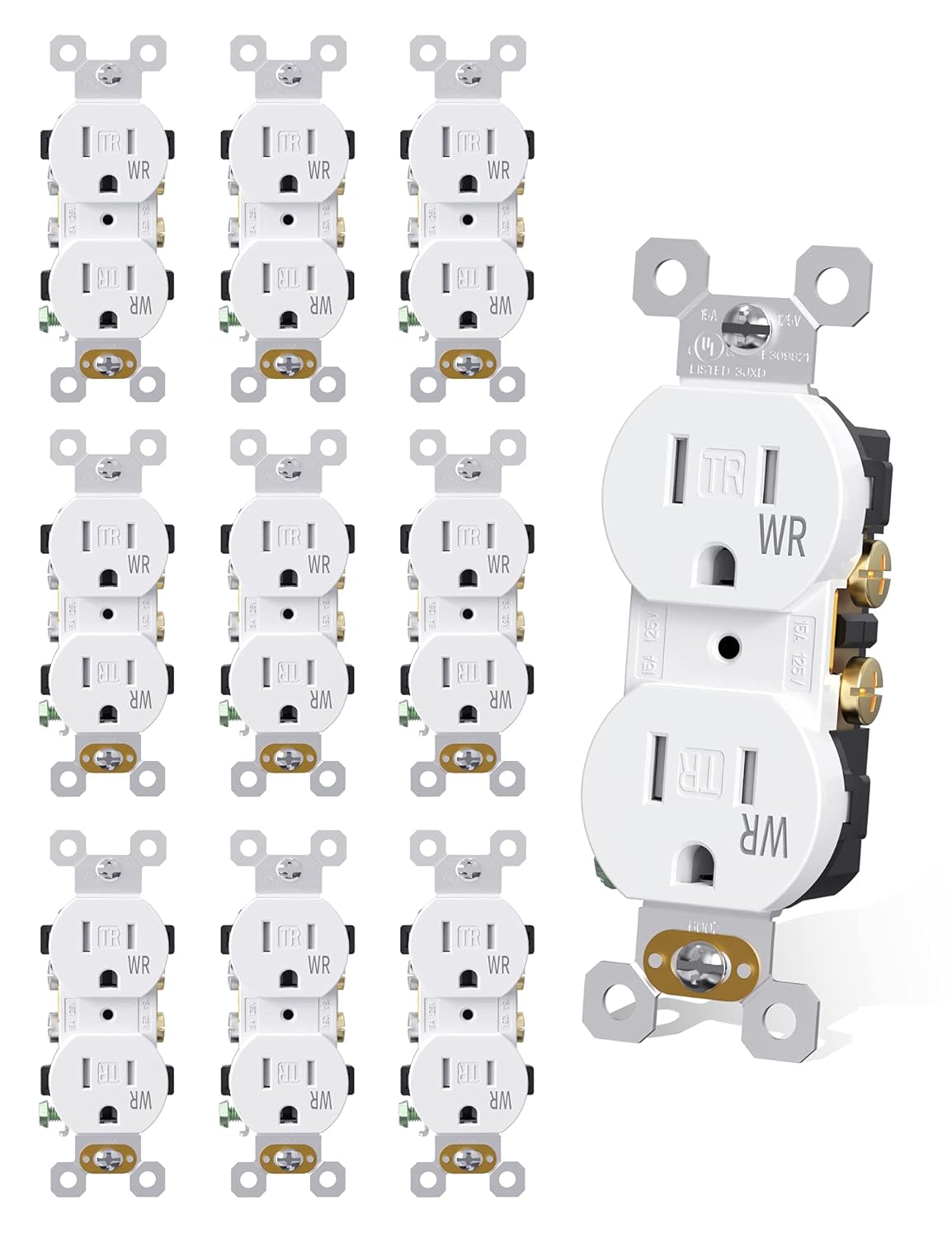 AIDA Toma de corriente dúplex, tomas TR y WR, residencial, 3 cables, conexión a tierra, 15 amperios 125 V, certificación UL, blanco (paquete de 10)