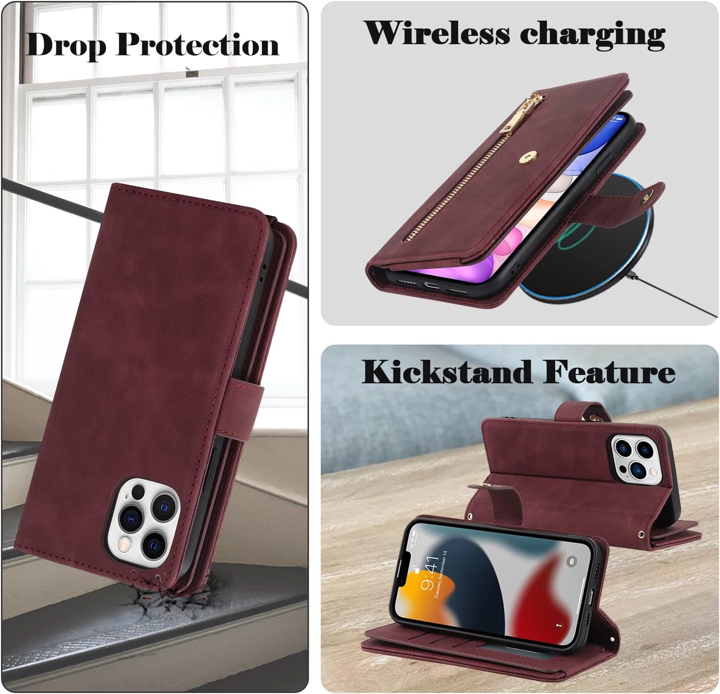 Havaya Funda para iPhone 12 con tarjetero, para iPhone 12 Pro, funda tipo cartera para mujer, funda tipo cartera con cremallera y ranuras para
