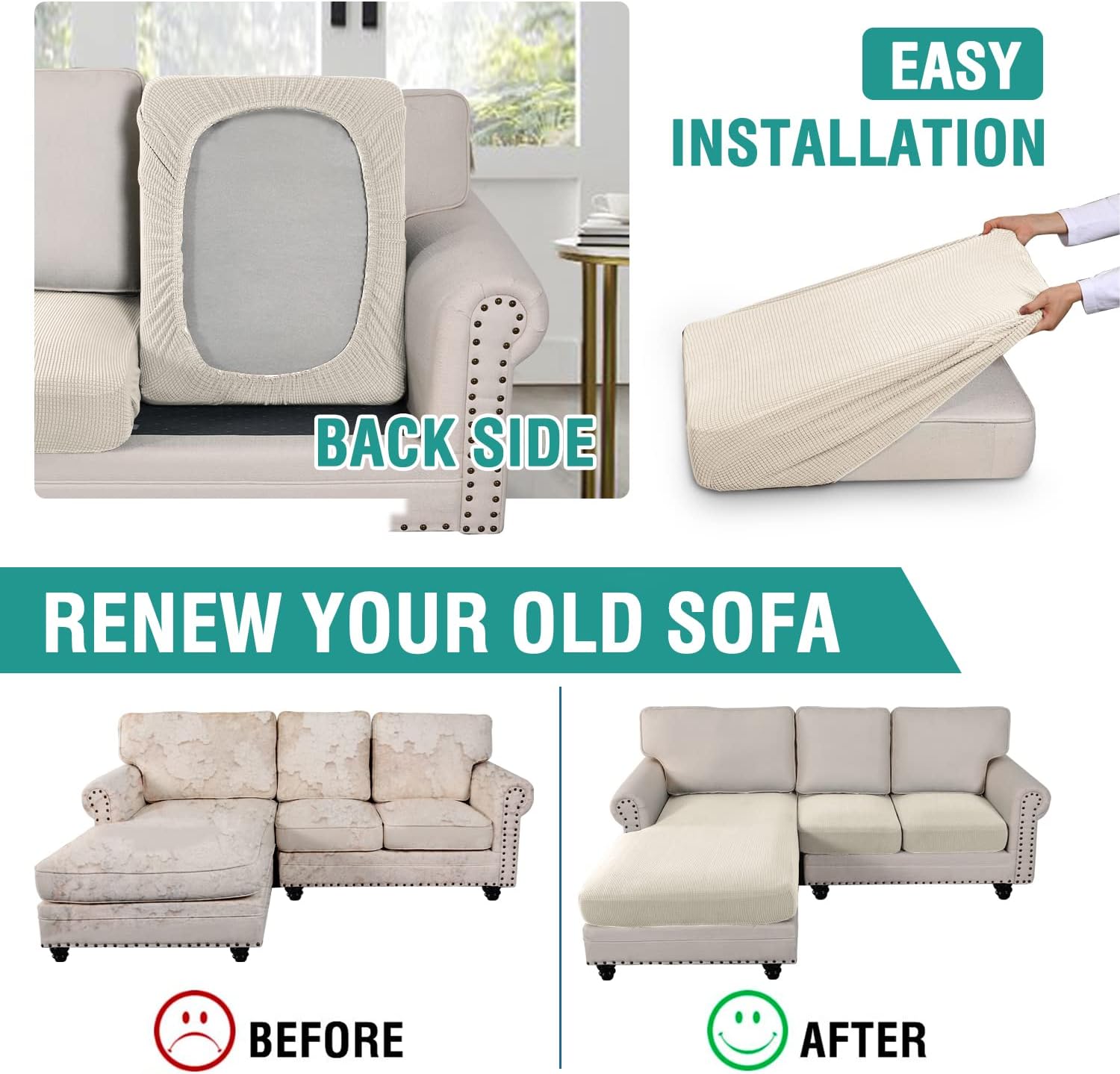 Elehealthy Funda de sofá seccional de 3 piezas para sofá seccional en forma de L, protector elástico de muebles para sofá seccional izquierdo o