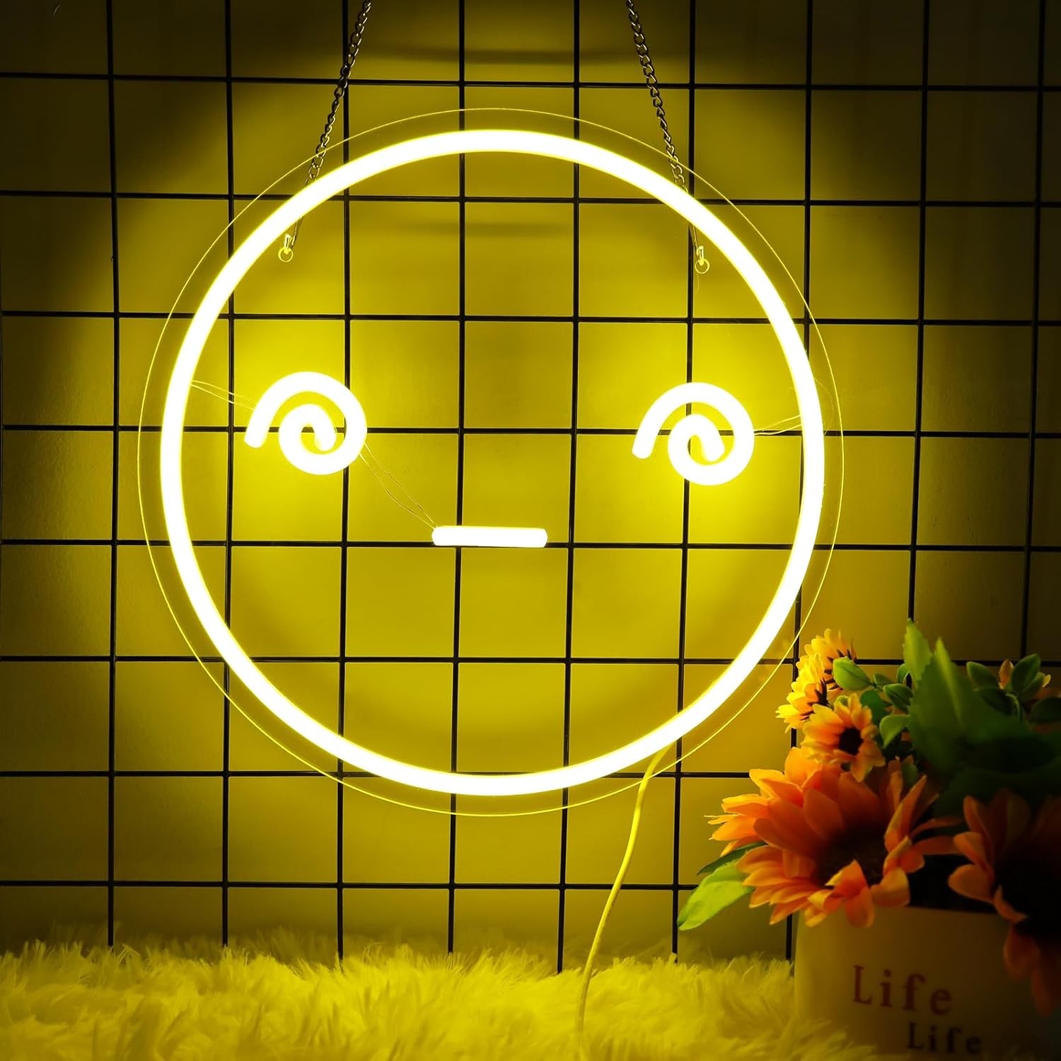 Letrero de neón con cara sonriente para decoración de pared, 5 V alimentado por USB, luz de neón mareada con interruptor regulable para el hogar,