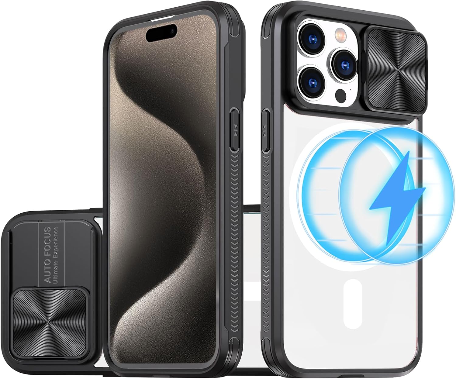 Tcaraersing Funda transparente para iPhone 15 Pro con cubierta de lente de cámara deslizante, compatible con MagSafe, antideslizante, delgada,