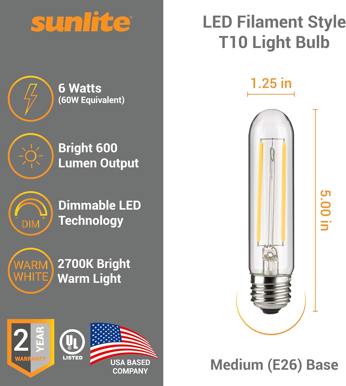 Sunlite 41150 – Bombilla tubular de filamento LED T10, 6 vatios (equivalente a 60 W), 600 lúmenes, base E26 media, regulable, 5.039 in,