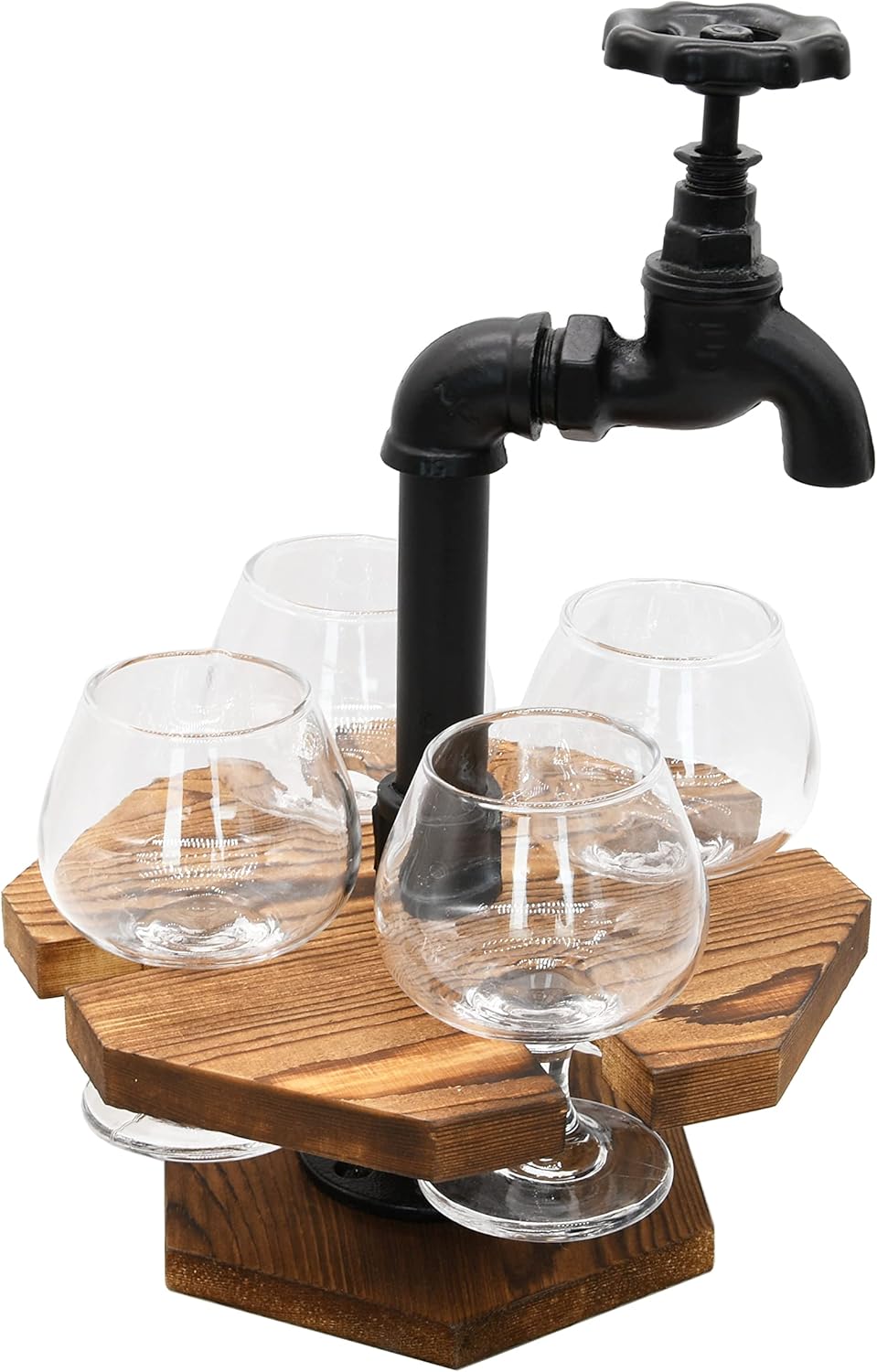 Owlgift Tubo industrial y madera quemada CervezaWhisky Vuelo Set con 4 vasos, grifo de hierro fundido diseño de espita