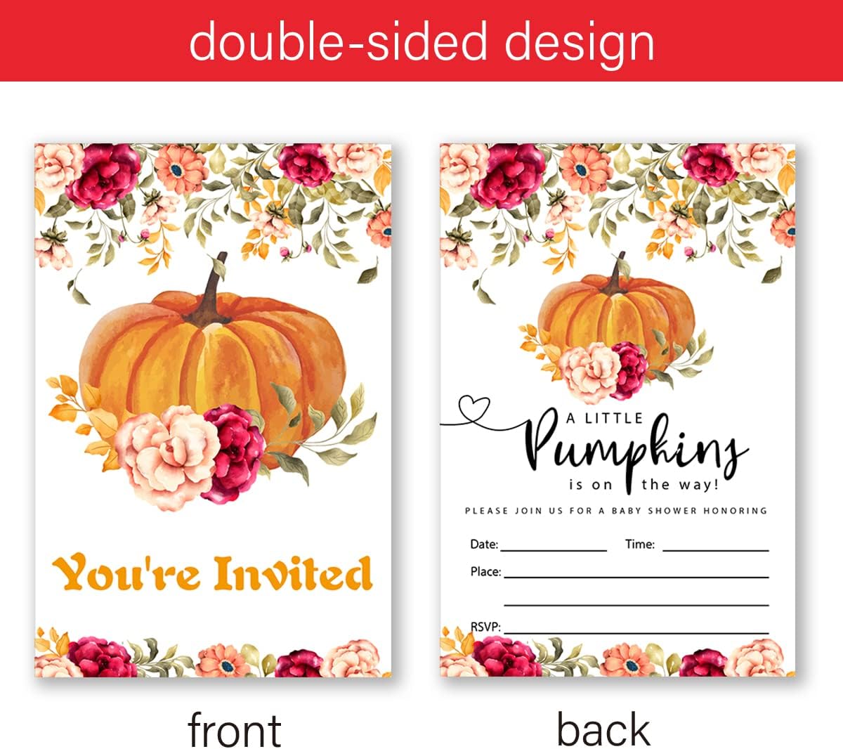 Paquete de 20 invitaciones de fiesta de calabaza pequeña con sobres, un tema de calabaza está en camino, tarjeta de invitaciones para suministros de
