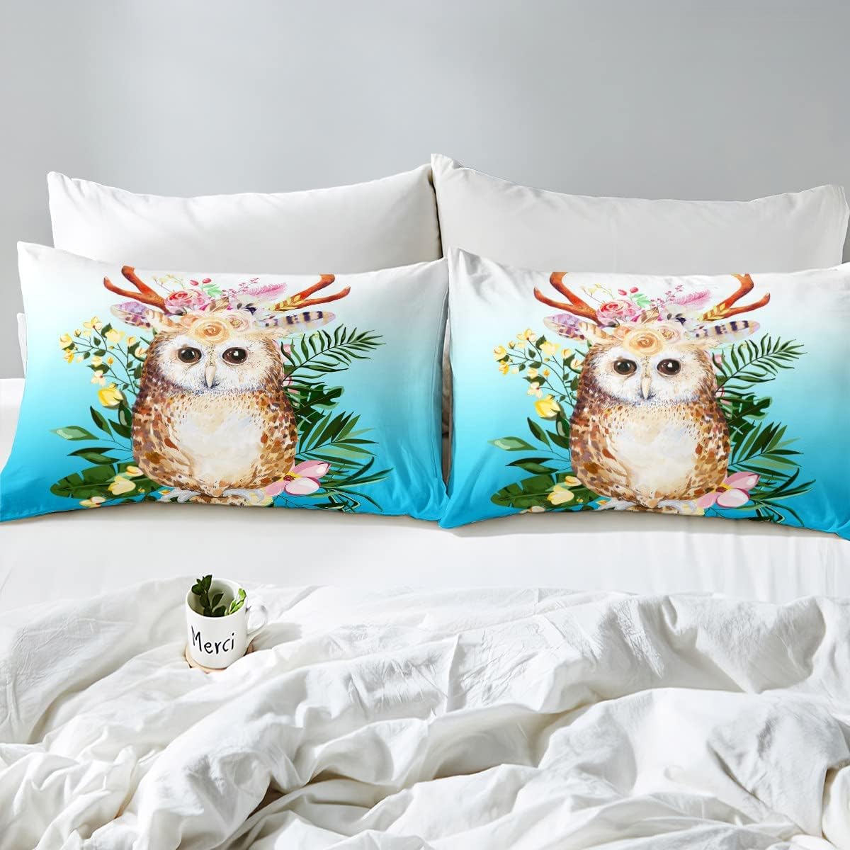 Erosebridal Juego de edredón de búho, edredón de plumón de flores amarillas y rosas, juego de ropa de cama tamaño Queen con bonito diseño de pájaros