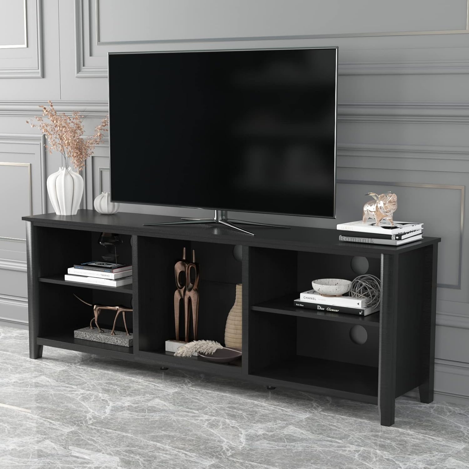 Soporte de TV para sala de estar, dormitorio, centro de entretenimiento grande y amplio de madera moderna, gabinete de consola multimedia con 4