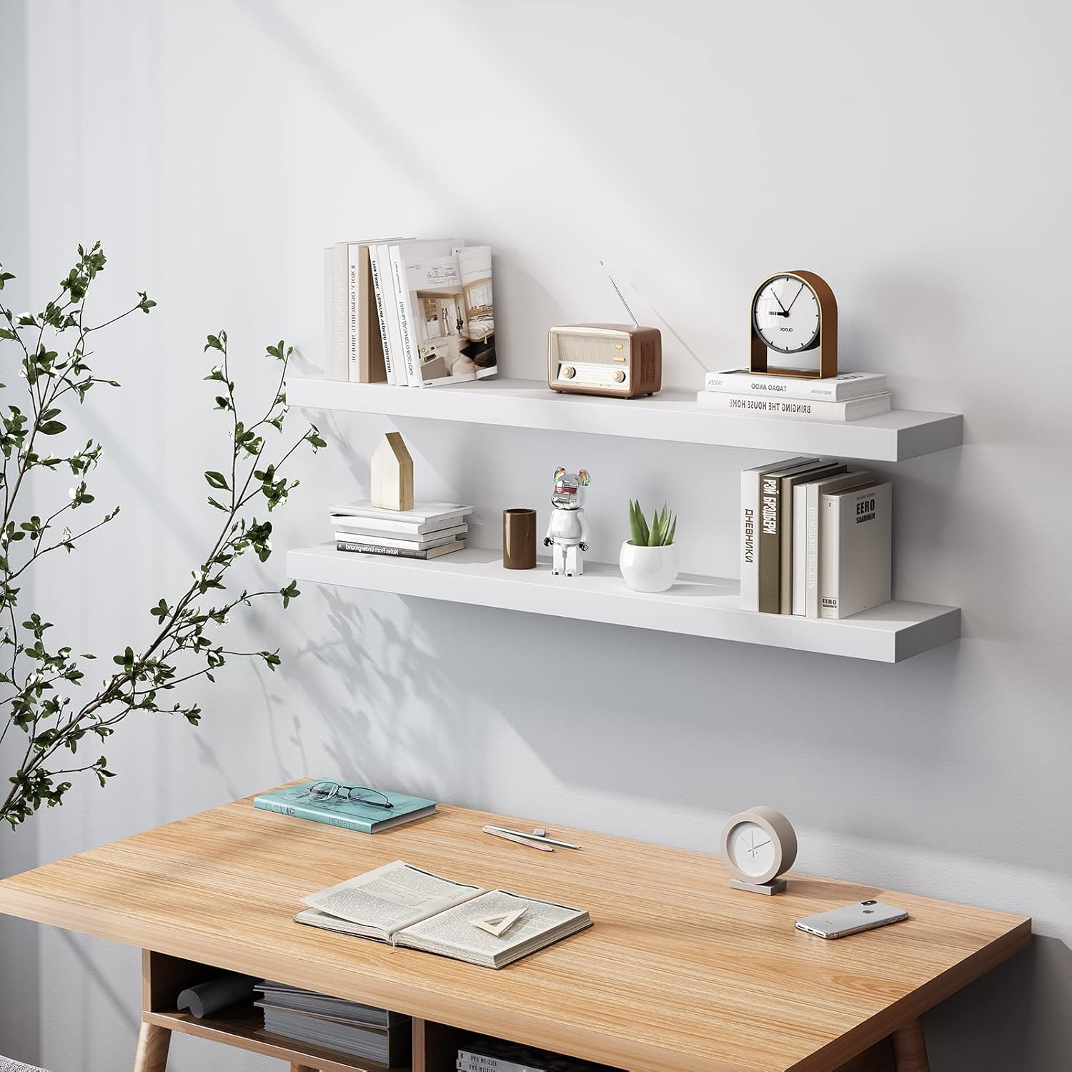 WELLAND Estante flotante blanco de 48 pulgadas, estante de pared de 9 pulgadas de profundidad con soporte invisible para sala de estar, dormitorio,