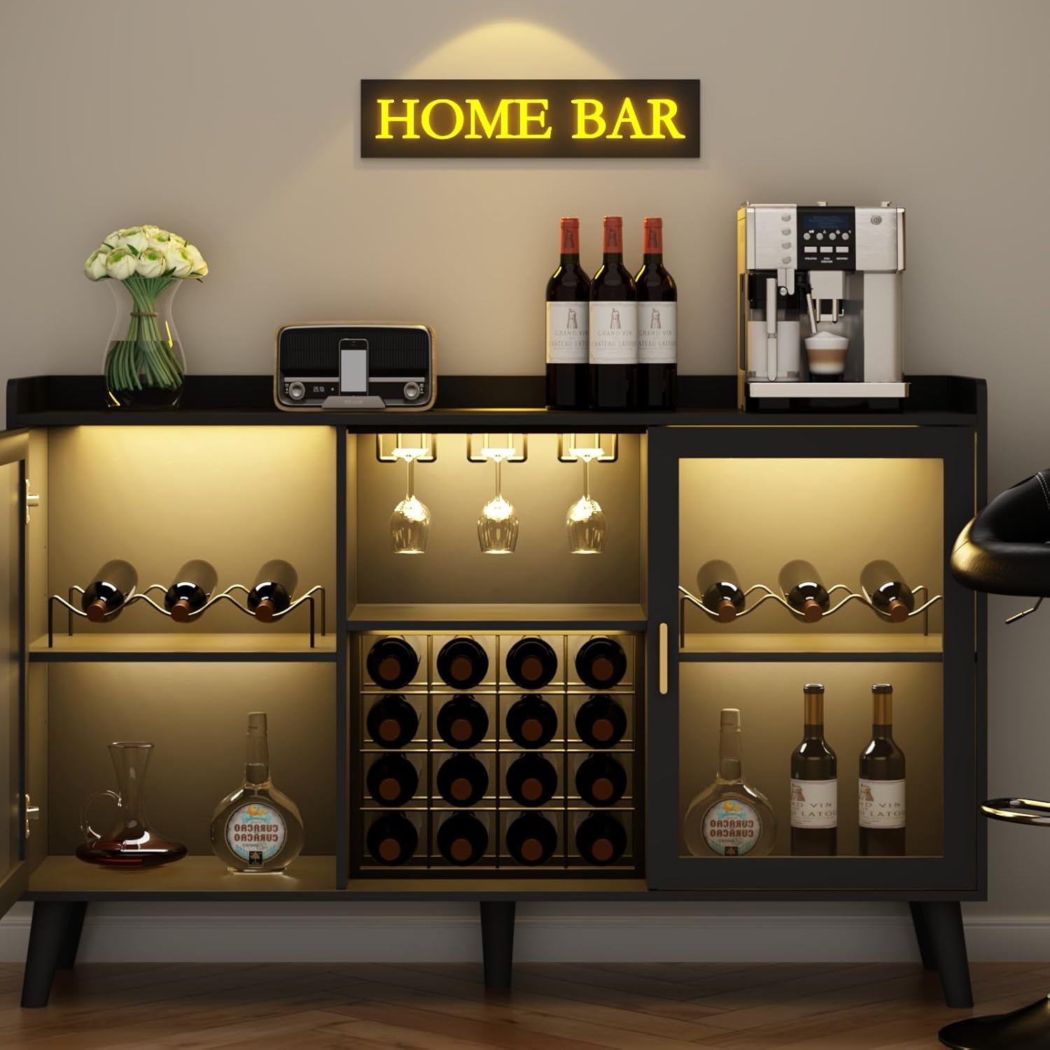 Loomie Armario de bar de vinos con luz LED, gabinete de café para el hogar con estante para vino y soporte para vidrio, aparador de cocina con