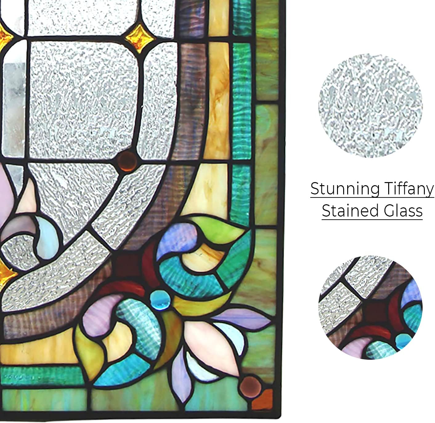 Fine Art Lighting Tiffany – Panel de ventana de vitral de 18 x 24 pulgadas, 100% vitral, 204 cortes de vidrio, 18 x 24 pulgadas, cadena para colgar