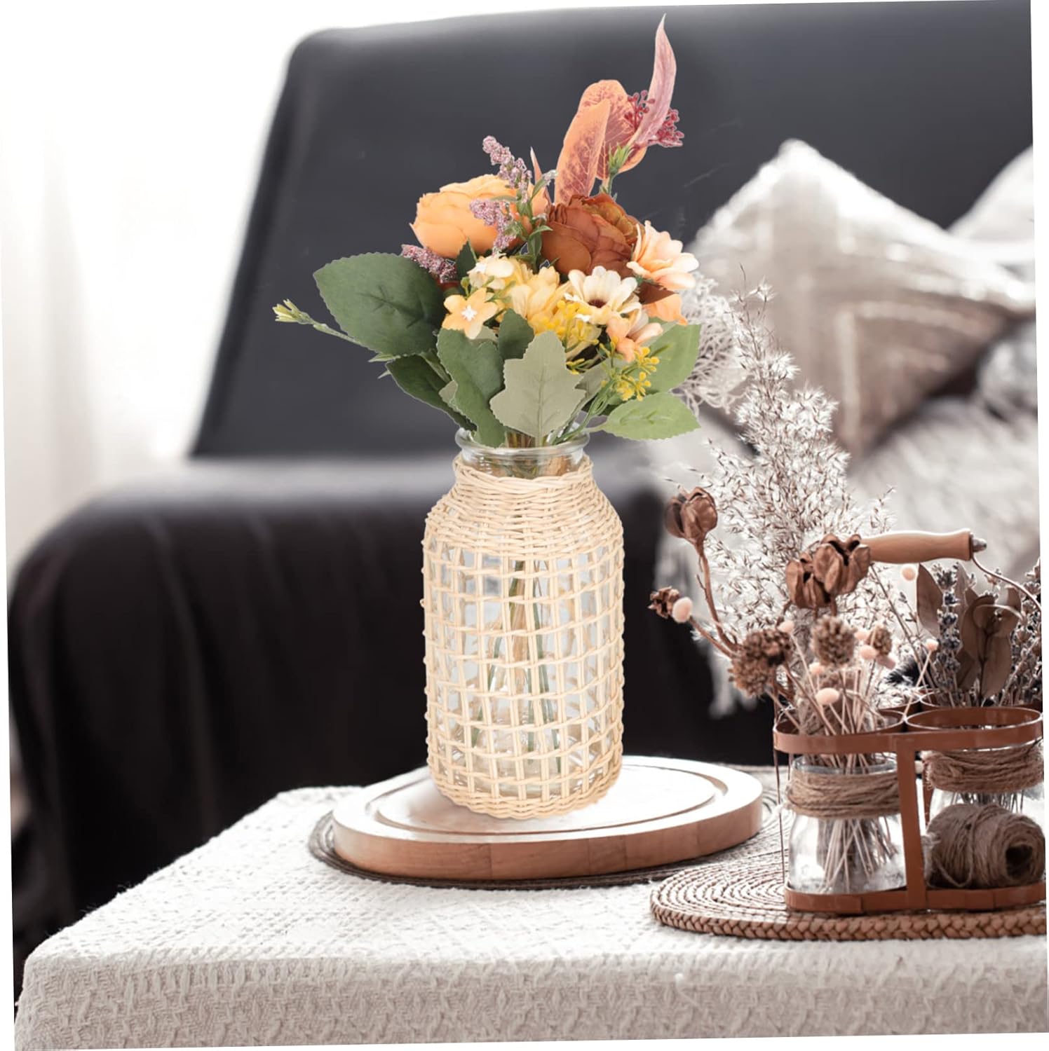 Abaodam Jarrón de cristal de ratán con cuerda, jarrón de arcilla, florero de burbujas, florero de vidrio, florero floral de mimbre para flores,