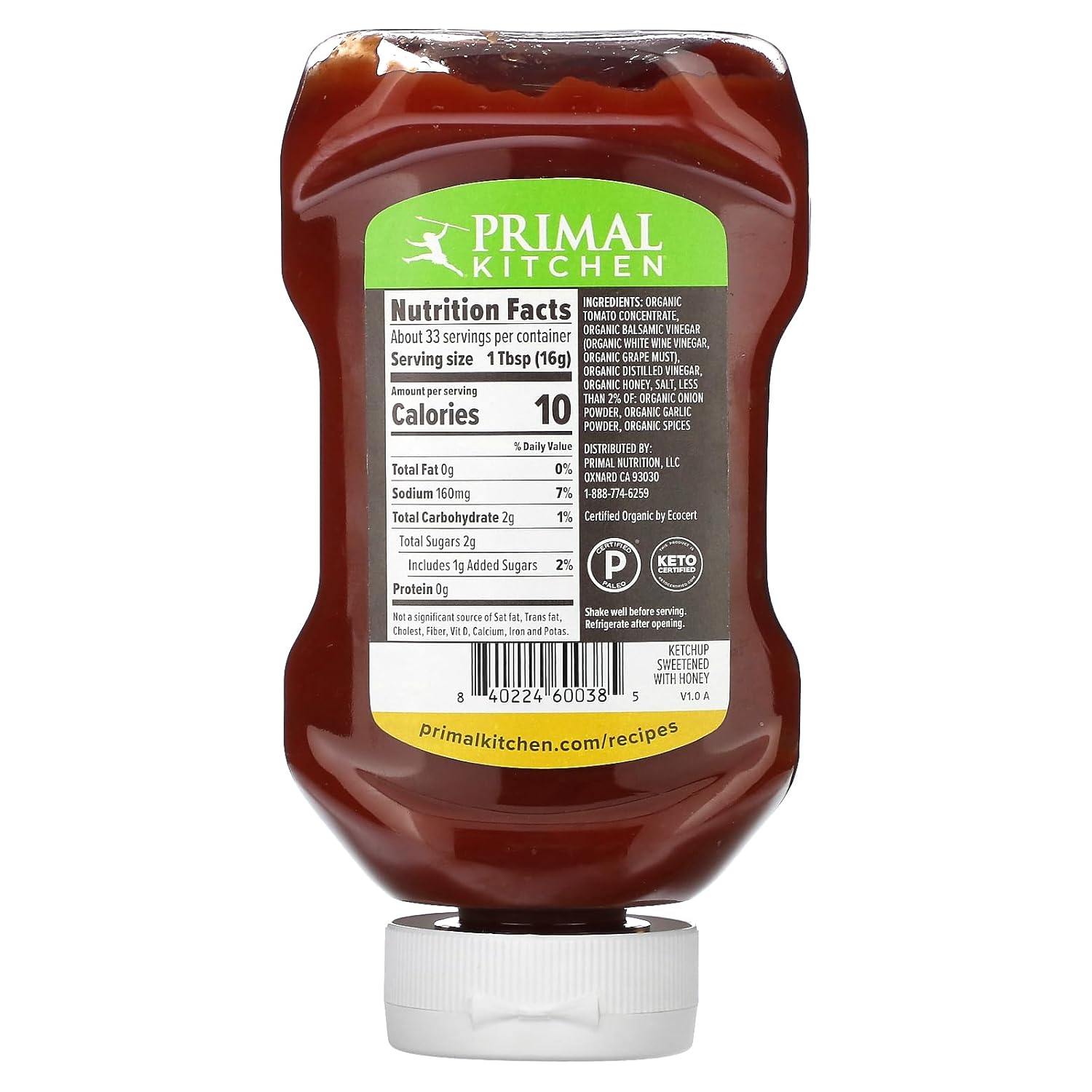Primal Kitchen A Tad Sweet Ketchup endulzado con miel – 18.5oz Squeeze