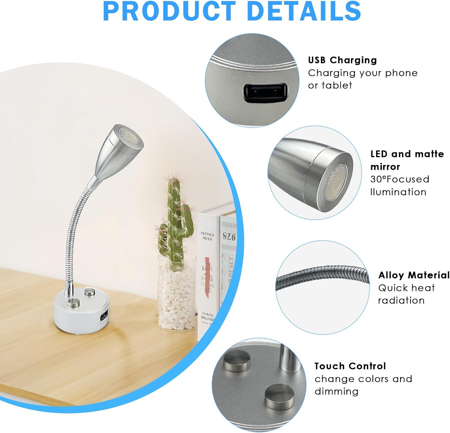 TZnpnor – Paquete de 2 luces LED de noche de 12 a 24 V, puerto de carga USB, cuello de cisne, atenuación táctil, foco giratorio de 360 para cámper,