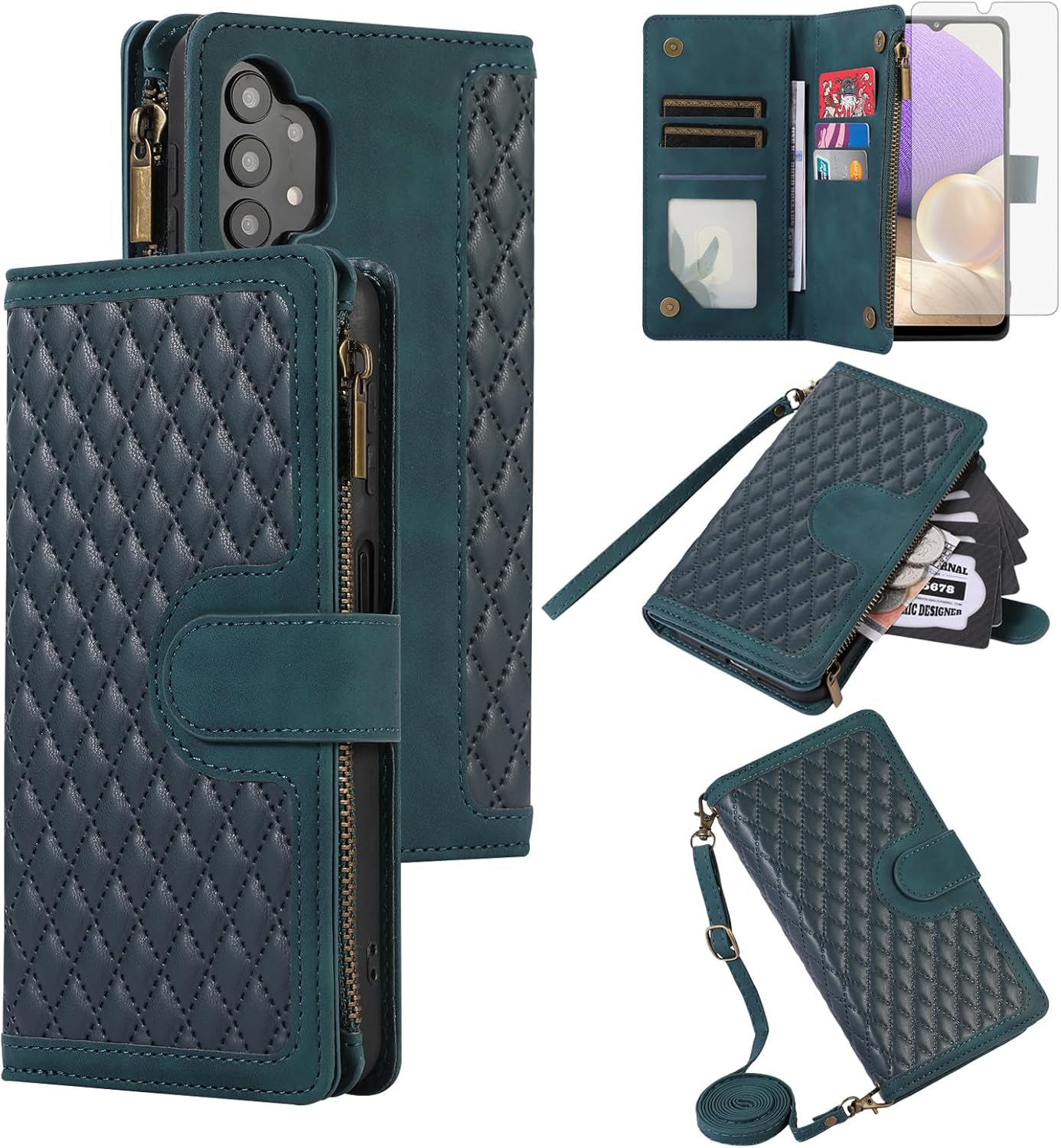 Asuwish Funda para teléfono Samsung Galaxy A32 5G 2021 de 6.5 pulgadas con protector de pantalla de vidrio templado y correa para la muñeca, con