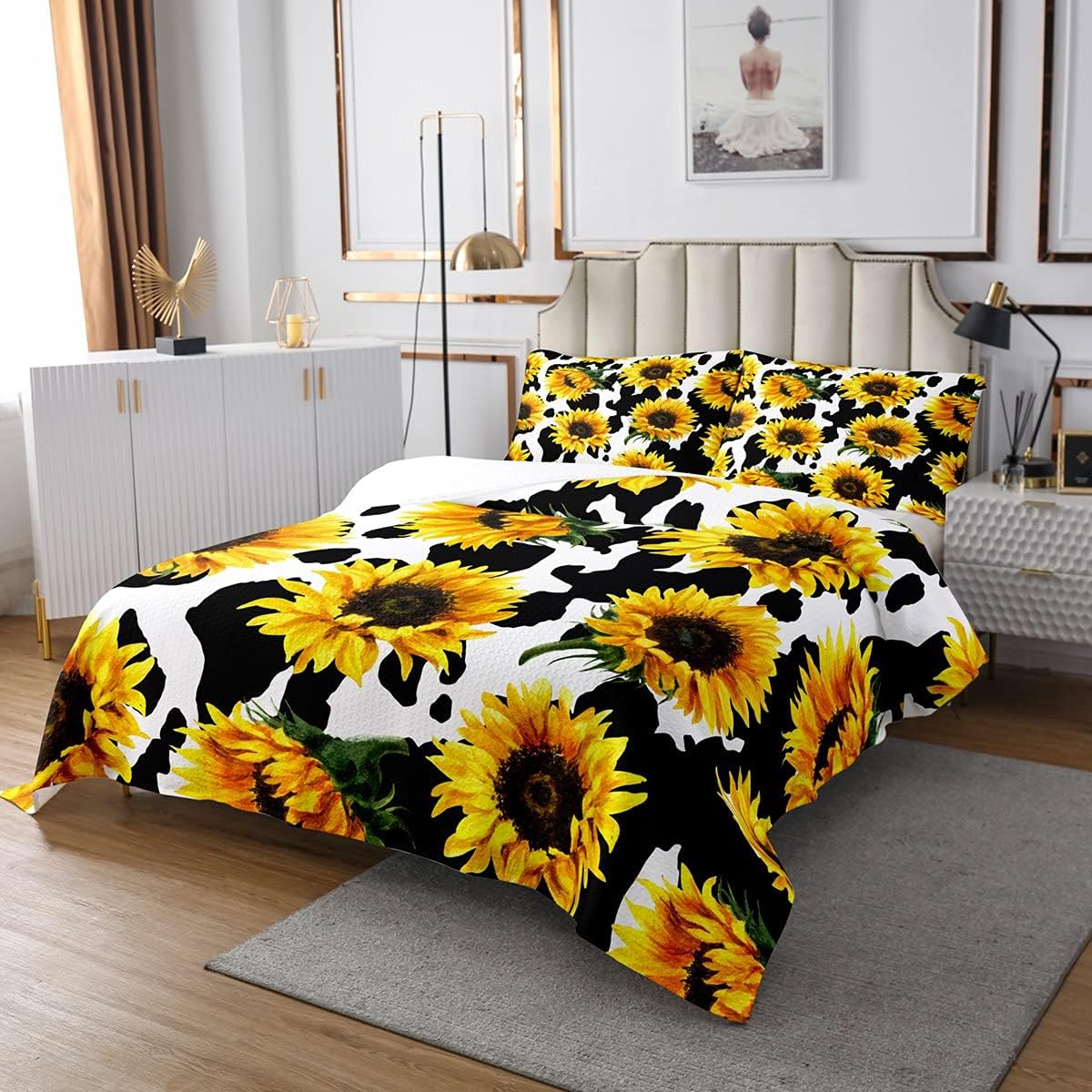 Feelyou Juego de colcha de girasol de vaca, diseño floral botánico, ropa de cama con estampado de flores amarillas, juego de edredón suave y ligero